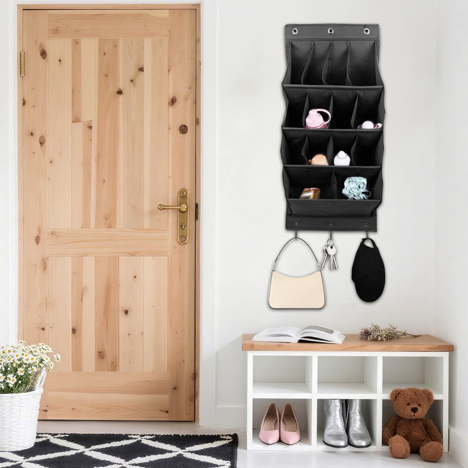 LJEC Organizer per scarpe da appendere, con gancio, porta scarpiera con 14 tasche profonde per armadio, organizer da appendere alla porta per campeggio, armadietto, dormitorio e camper, nero
