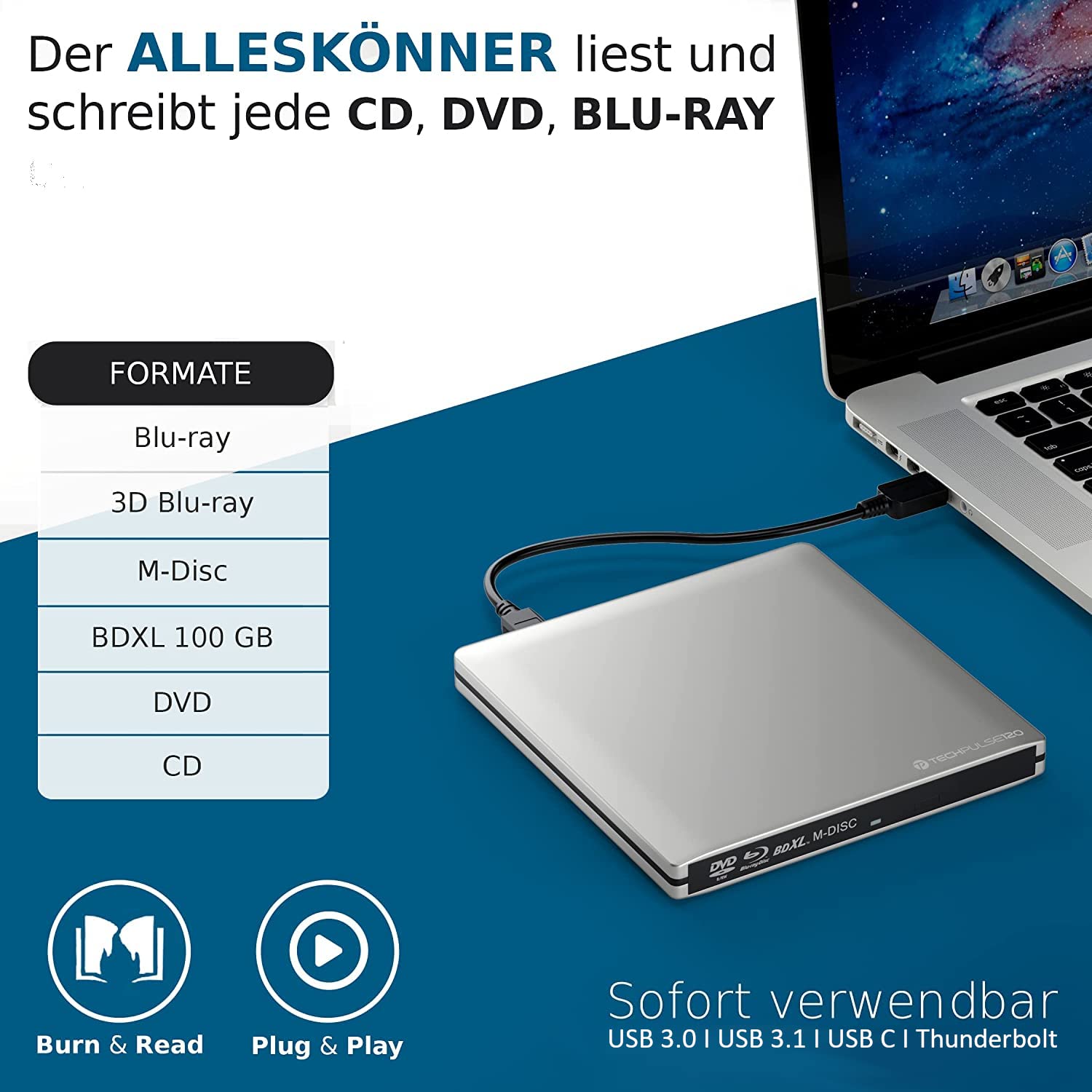 techPulse120 USB 3.1 Typ-C externer M-Disc BDXL Blu-ray Brenner Player Superdrive Laufwerk BD DVD CD Slim für Computer PC Desktop Notebook Windows Mac OS Apple iMac MacBook Pro Air Aluminium Silber