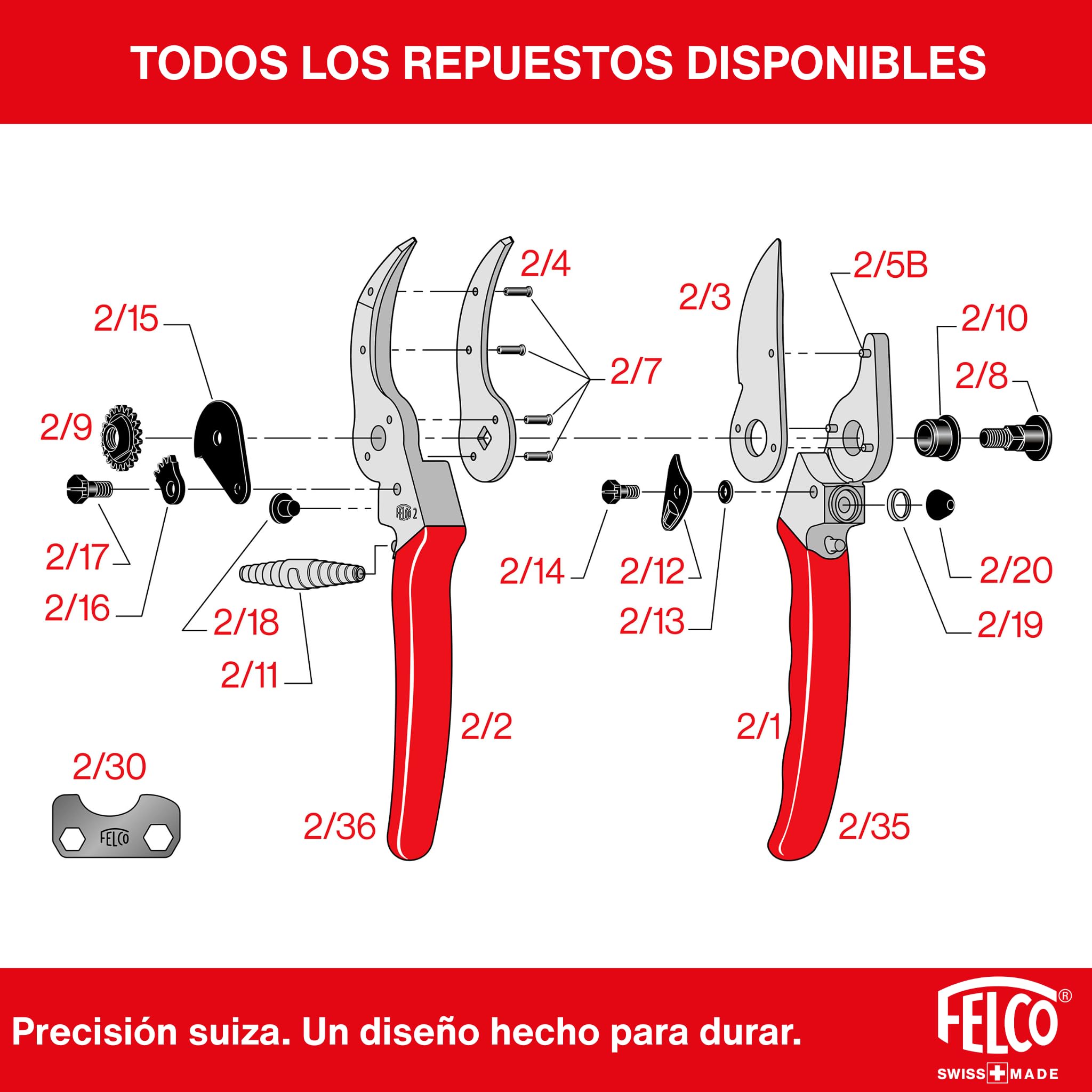 FELCO 2 tijera bypass profesional para diestros, hoja de acero templado 41 mm, mangos de aluminio forjado, corte limpio hasta 25 mm, herramienta suiza robusta