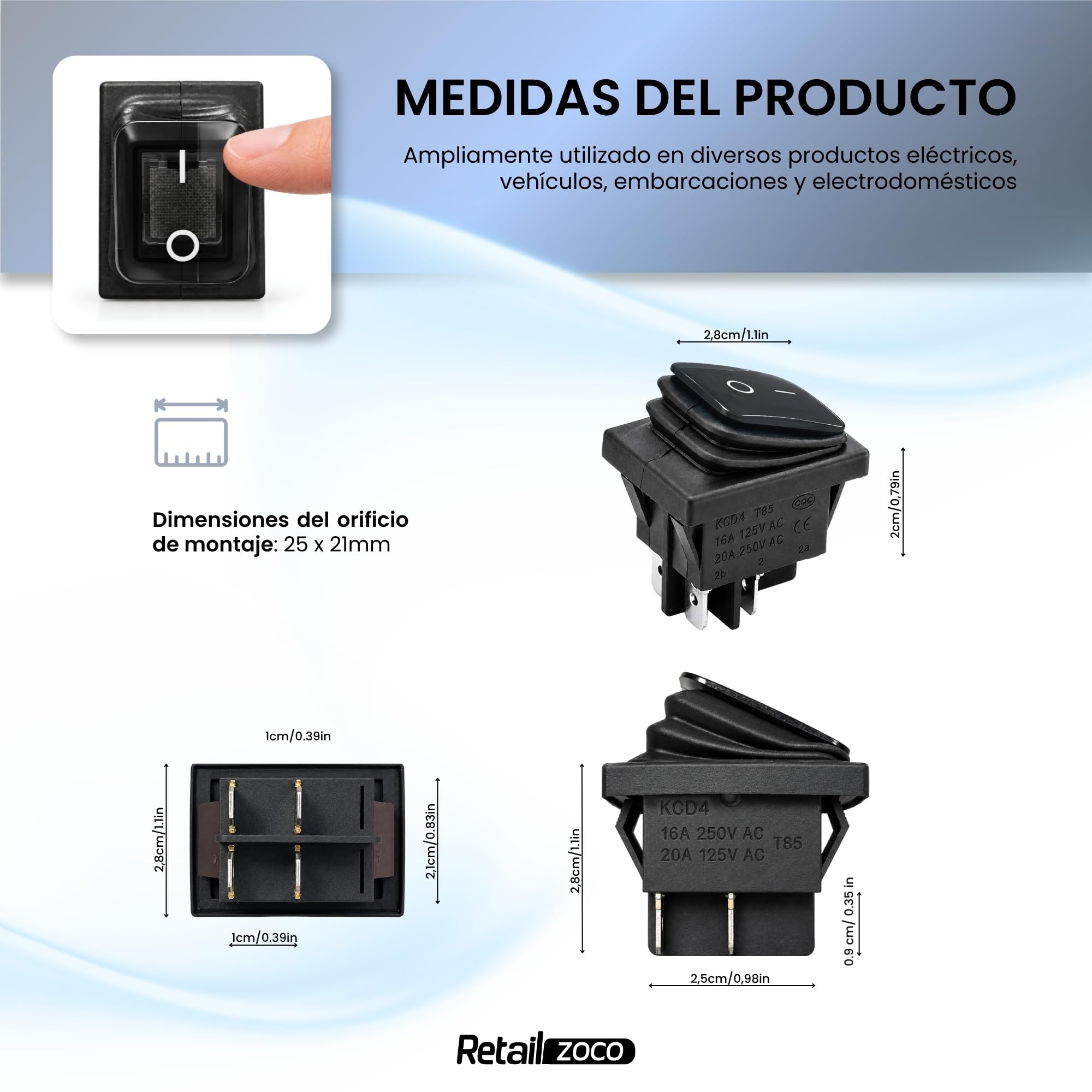 Interruptor Basculante DPST ON/OFF 4 pin, Negro sin LED, 5 Unidades - imagen 4
