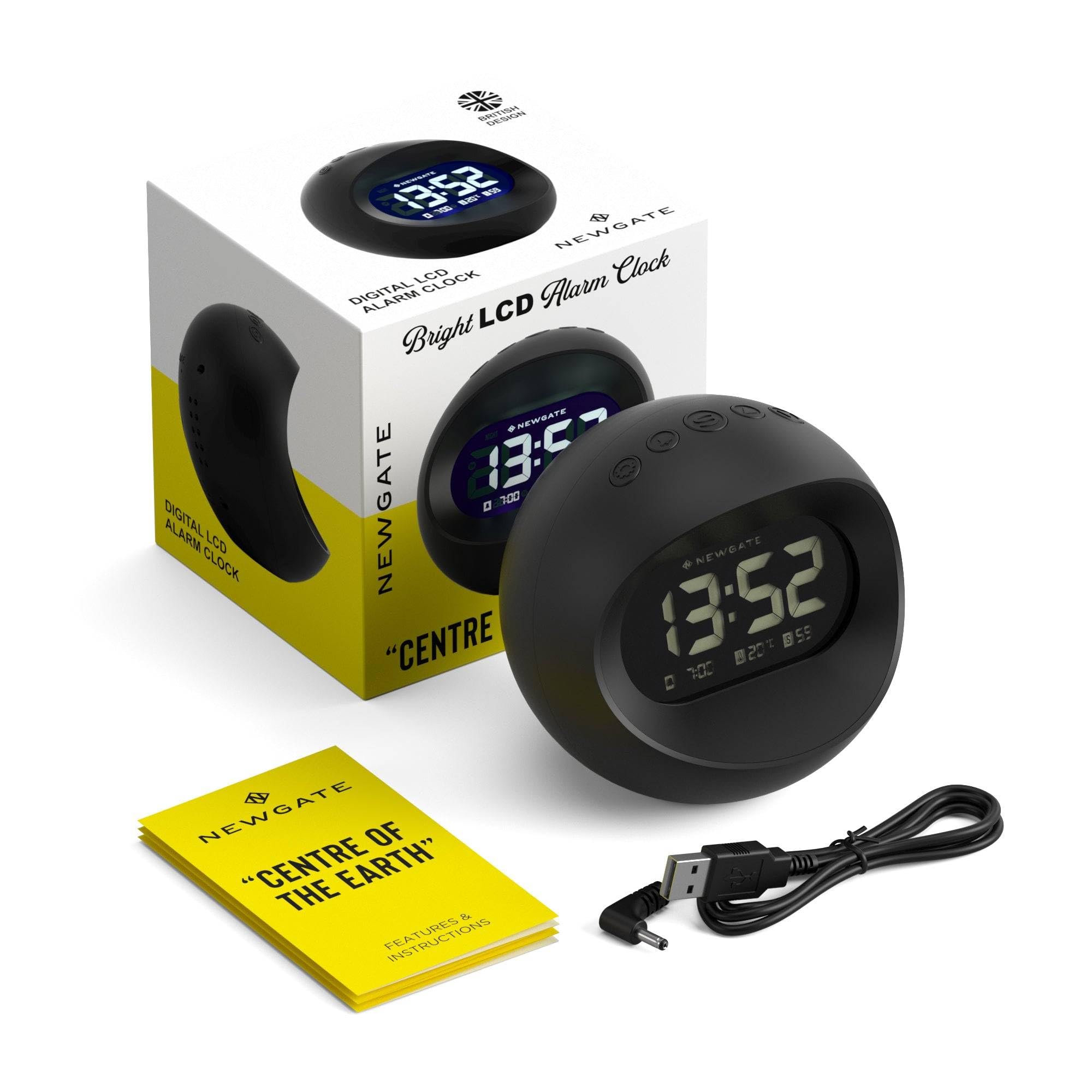 NEWGATE® Centre of the Earth Wecker | Runde Retro Digitale LCD-Uhr | Schwarz | Ideal für nachttisch, Schreibtisch oder Regal | Retro-Schlafzimmer- und bürozubehör