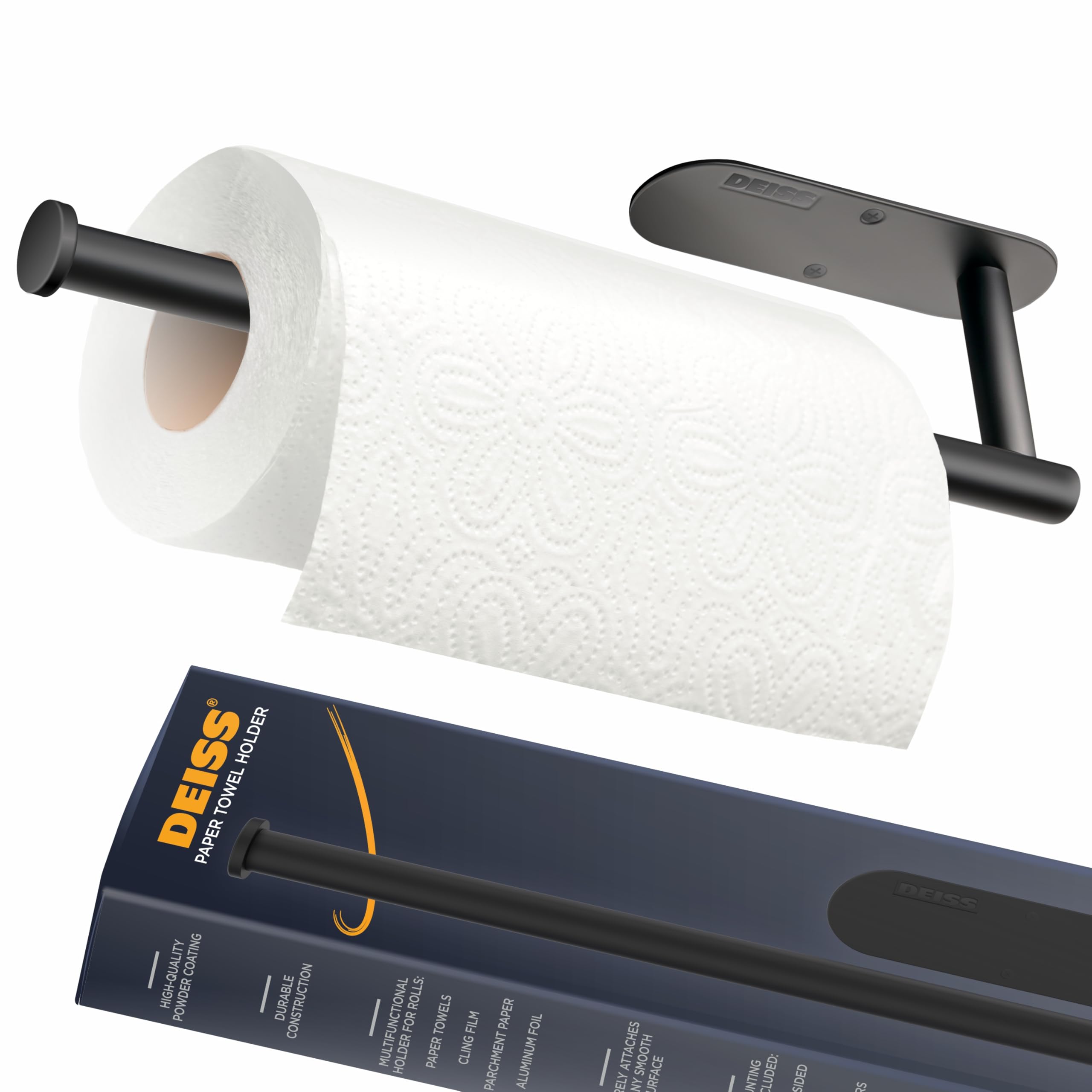 Deiss Black Pro Paper Towel Holder – Under Cabinet, Wall Mount, Or Countertop – Rust-Resistant Stainless Steel, One-Handed Tear Design, Space-Saving Paper Towel Dispenser, Towel Holder For Kitchen