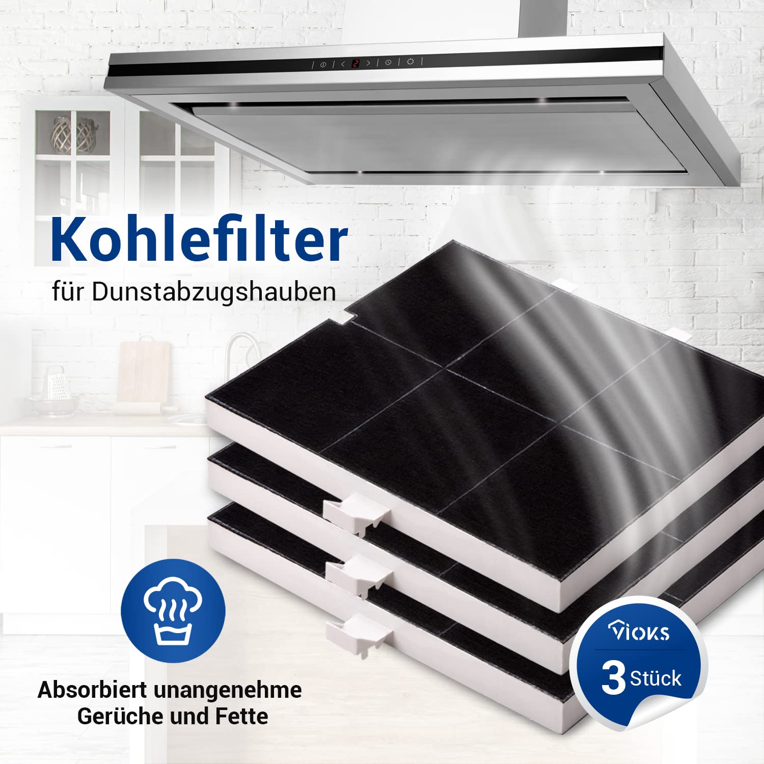 VIOKS Aktivkohle Dunstabzug Filter SET 3x Aktivkohlefilter Abluft 255x265mm Ersatz für Balay 00361047 Dunstabzugshaube Bosch Junker Matte Cooker Hood Dunstfilter Abzugshaube