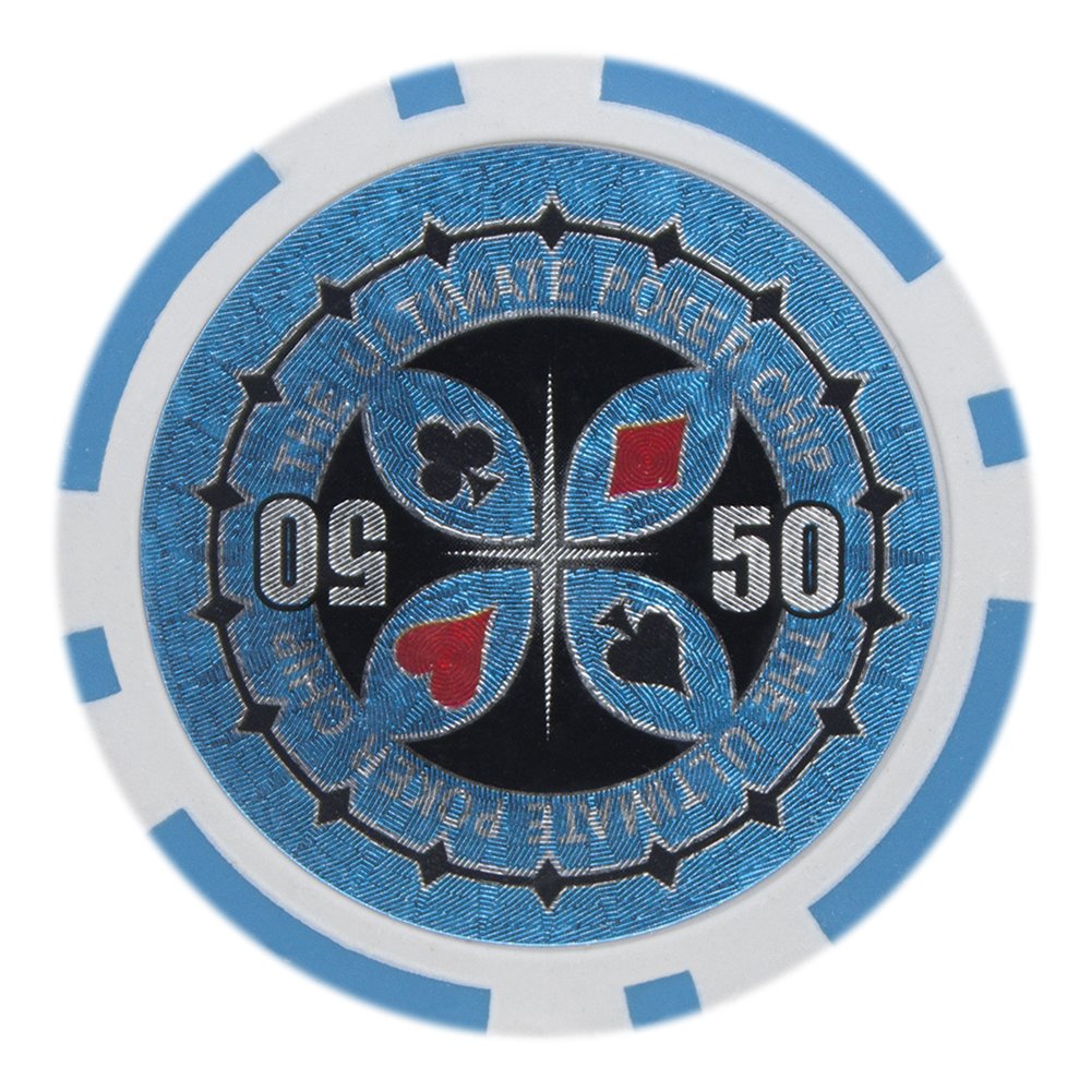 Brybelly Holo Inlay Poker Chips Heavyweight 14-gram Clay Composite - Pack of 50 ($50 Light Blue) — image 1