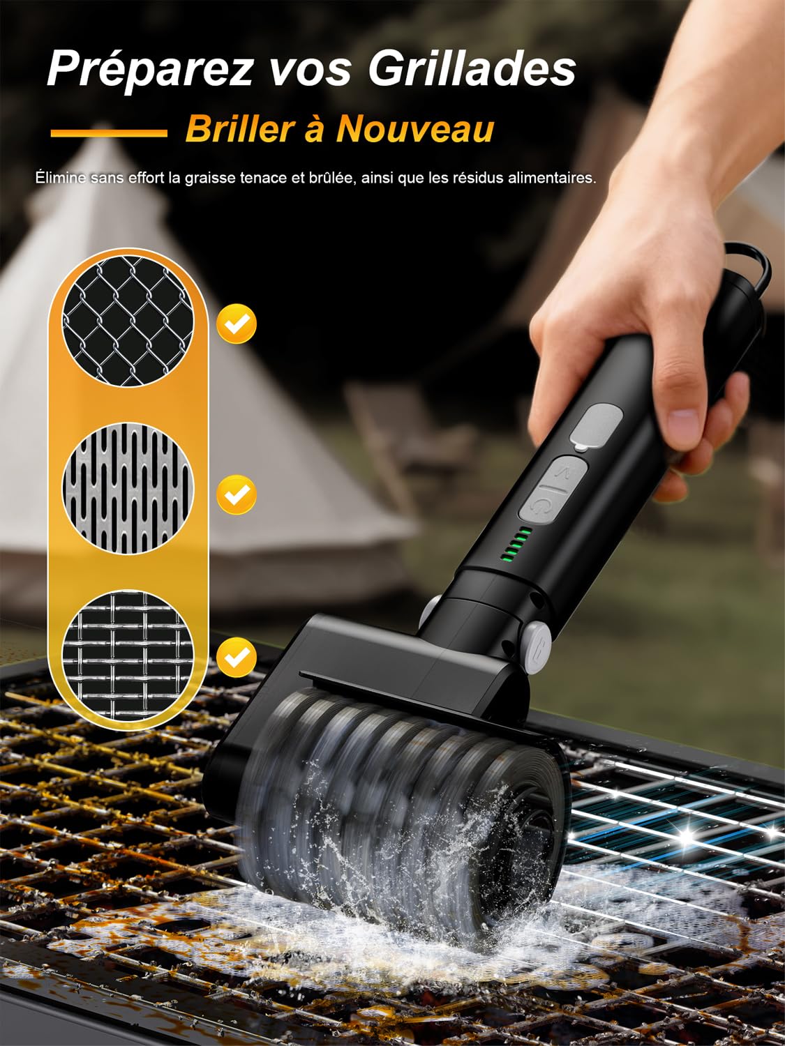 Brosse de Gril Électrique Rechargeable sans Fil, Contrôle de Puissance 3 Vitesses, 2 Têtes de Brosse