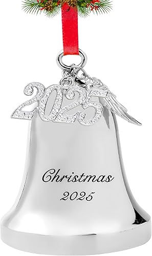 Miniatura 9 de FKOG Adorno personalizado de campana de Navidad y campana de trineo, alas de ángel plateadas grabadas 2023, campanas de Navidad, bodas,