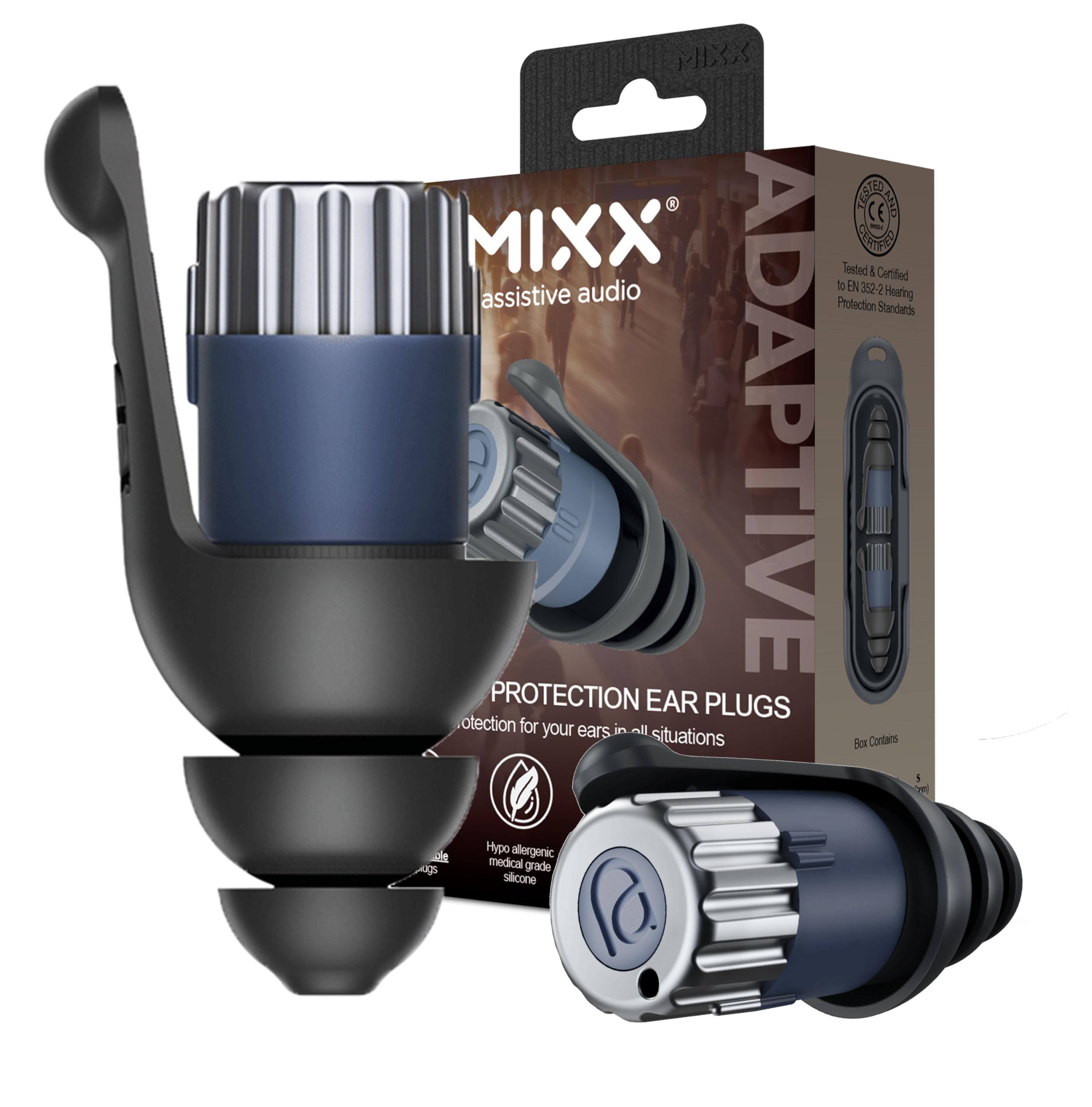 Mixx Tapones adaptables para los oídos, reducción de ruido personalizable para conciertos, viajes, trabajo y sueño, 3 modos de ruido (18 dB, 28 dB, abierto), reutilizables, lavables, silicona de grado