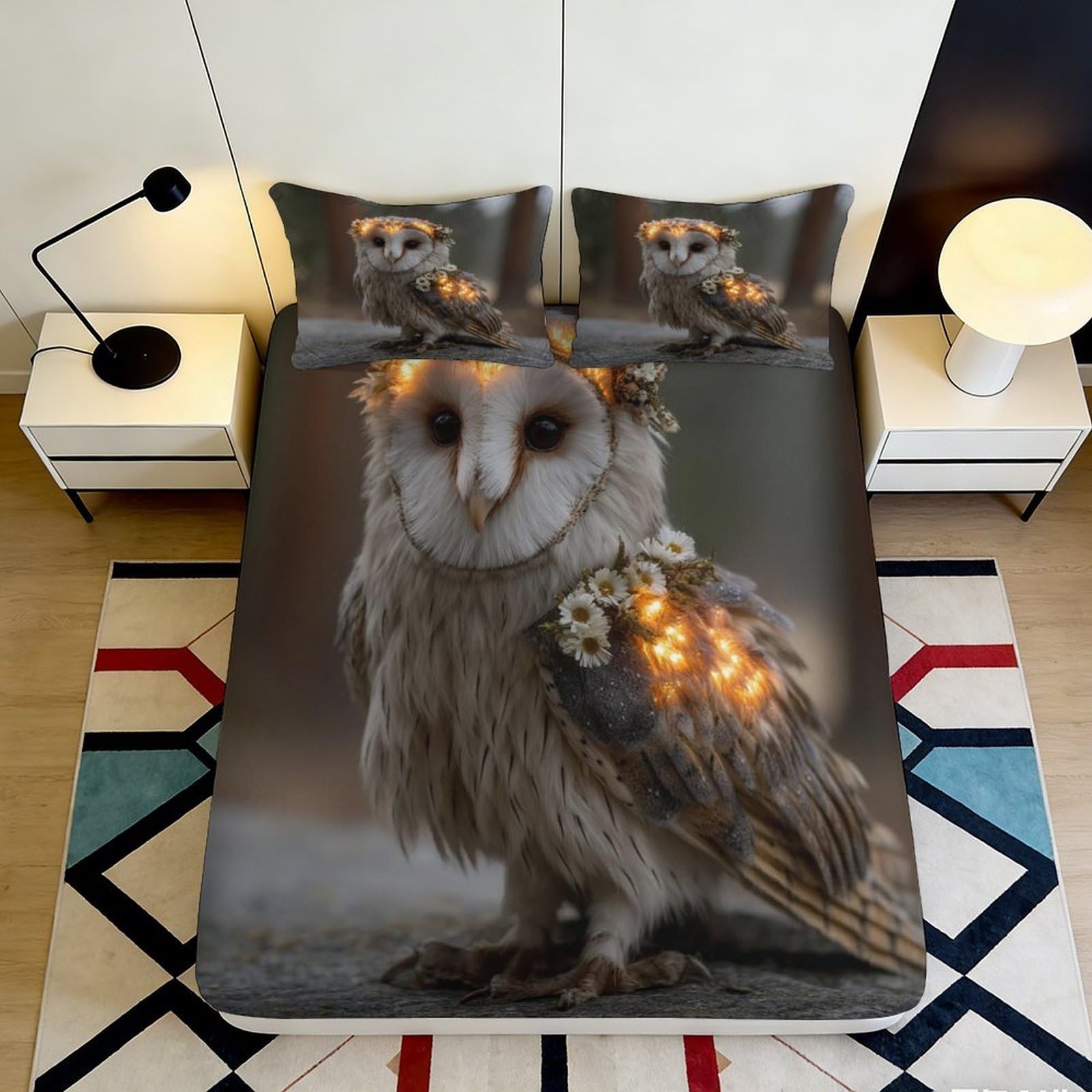 3D Printed Owl Floral Fitted Sheet Microfiber Soft Breathable Woodland Bird Mattress Cover for Bedroom Dorm Decor 90x200x25cm