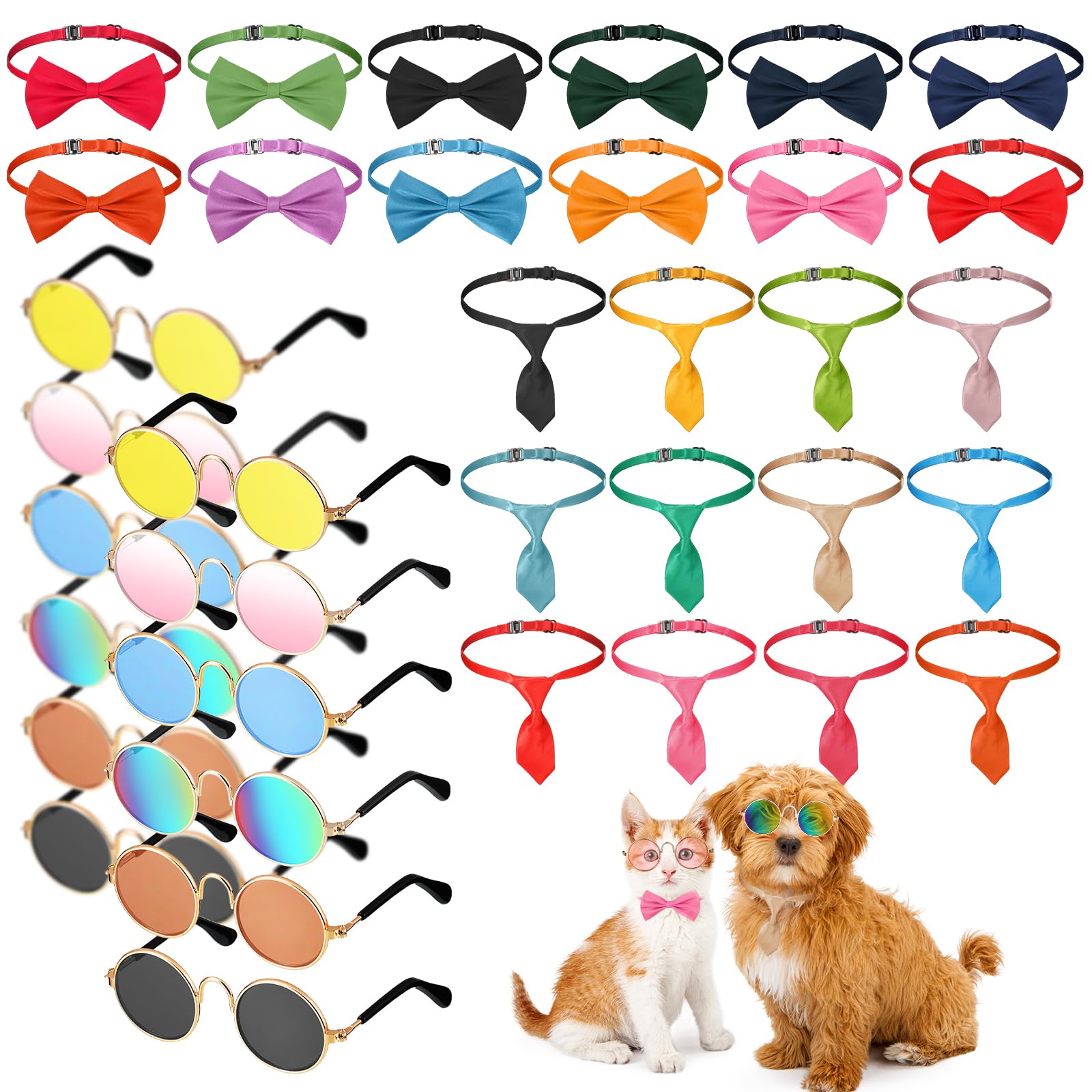 Paterr 36 Pcs Dog Bow Tie Necktie Collars Sunglasses for Cats Set Include 12 Adjustable Dog Bowtie 12 Dog Ties 12 Circular Cat Glasses for Pets Cat Small Dog Puppy Grooming Accessories, Solid Colors