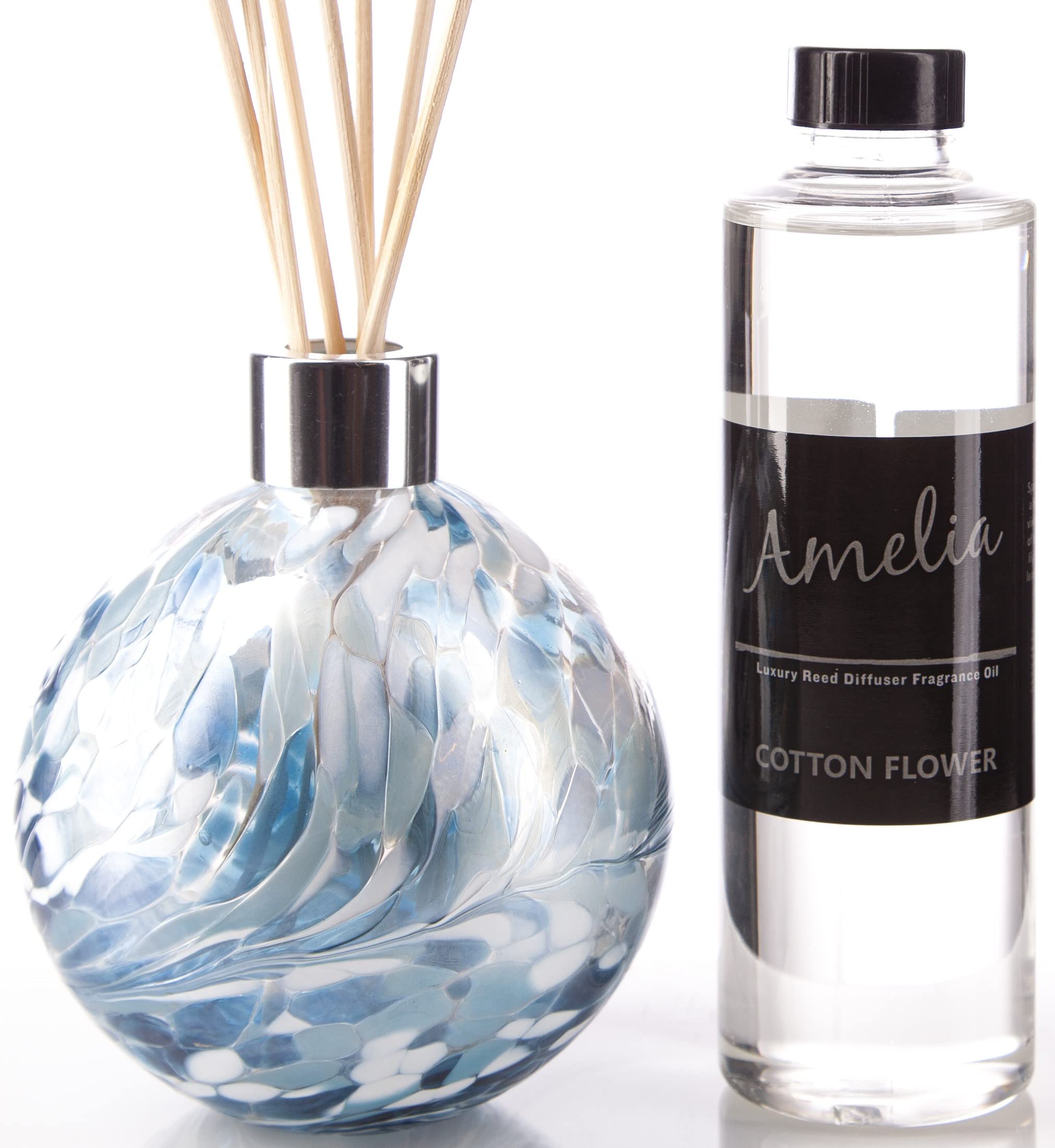 Amelia Art Glass Turquoise & White Reed Diffuser Gift Set - With Cotton Flower Fragrance, Height 11.5Cm, Width 10Cm With Reeds 25Cm (Rdgstw-A)
