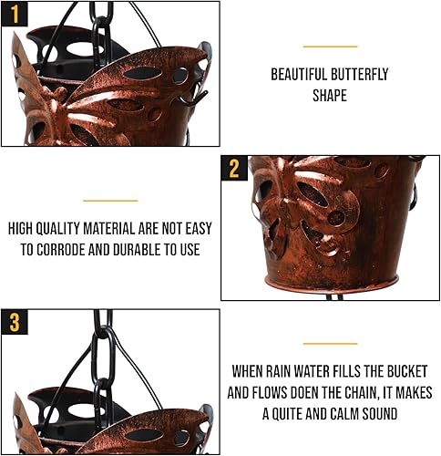 Miniatura 4 de LEPTALINA Cadenas de lluvia de hierro de bronce mariposa de 8.5 pies para canalón y barril de lluvia, resistente al óxido, cadena de lluvia chapada