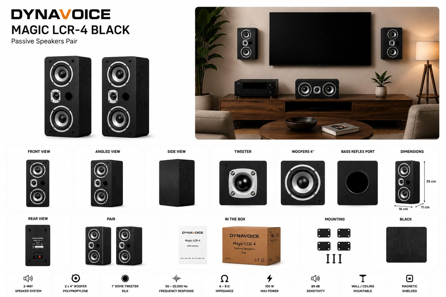 Dynavoice Magic LCR-4 Negro Mate – Pareja de Altavoces Pasivos para Cine en Casa, Ideales para Dolby Atmos, Instalación en Pared o Techo.