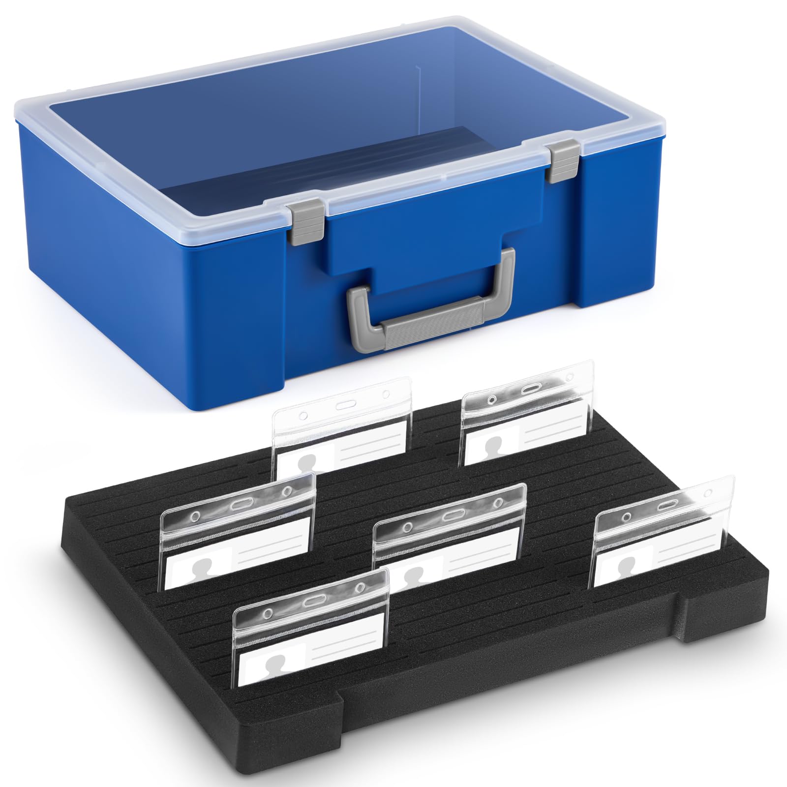 Chunful 1 Pc Name Tag Holder with Case, Foam Name Badge Storage Tray Holds 48 Badges ID Badge Tray Organizer for Desk Classroom Office School, 14 x 10.6 x 4 in (Dark Blue)