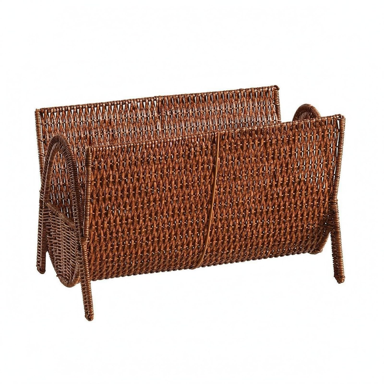 Iron Frame Woven Magazine Rack Easy to Clean Rattan Magazine Holder Walnut-Like Finish accessibleTop Book Basket Brown for Living Room, Office, Walnut-image-35