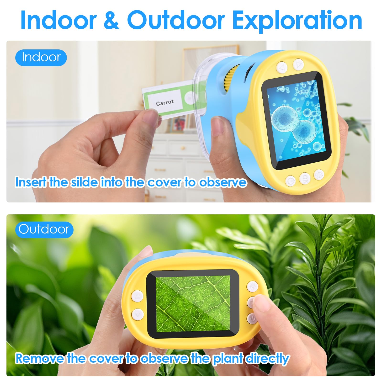 Mikroskop für Kinder, Vankarr 1000X Digitale Taschenmikroskop Tragbares Mini Handy Mikroskope mit 32GB SD-Karte, 2-Zoll-IPS-Bildschirm, Objektträgerproben, Geschenk für Kinder Studenten, Blau