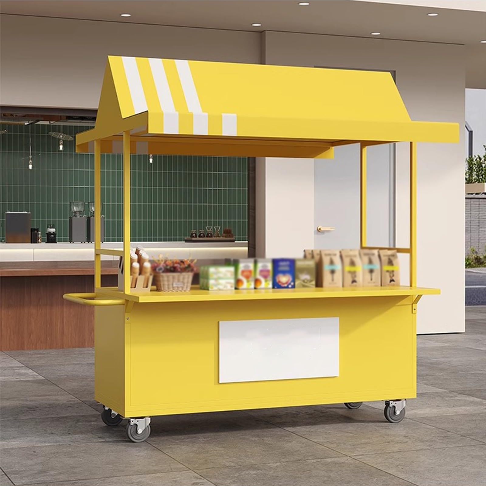 Mobile Cart with Wheels Selling Food, Vending Iron Cart with Canopy, Customizable Logo, for Street Food, Handicrafts, Snacks(Yellow)