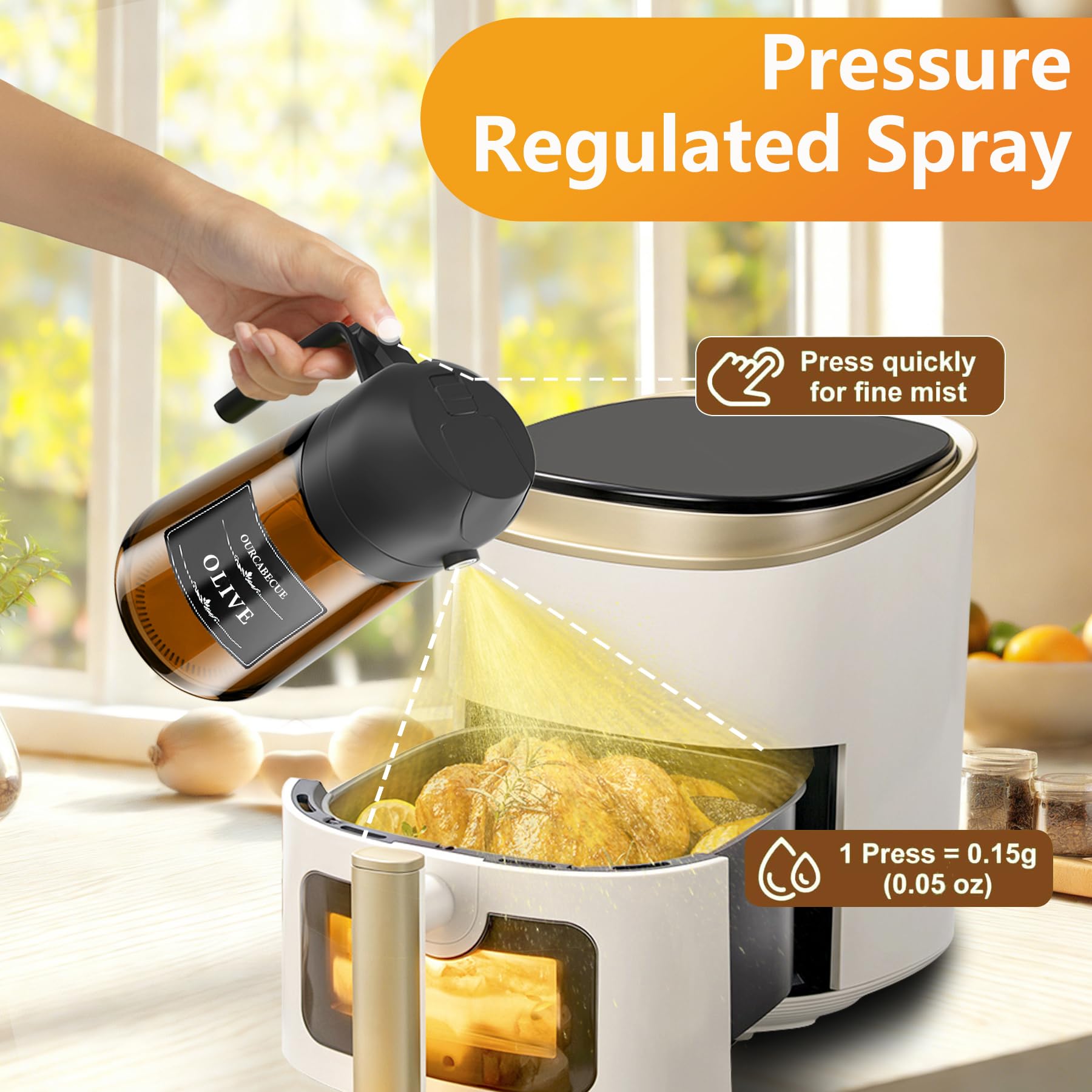 OURCABECUE Pulverizador de aceite para cocinar, botella dispensadora de aceite de oliva de vidrio de 16 onzas para utensilios de cocina, botella 2 en 1 de color marrón oscuro con calcomanías para