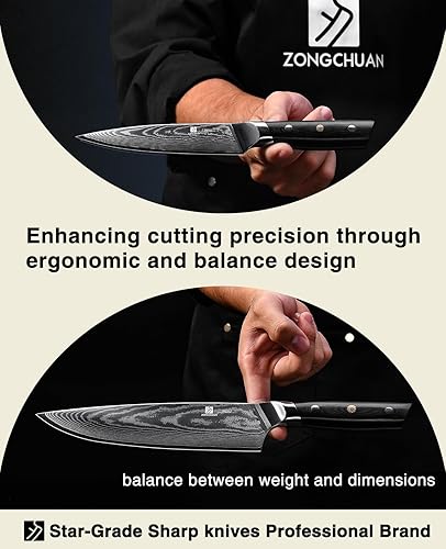 Miniatura 8 de ZongChuan 8C - Juego de cuchillos de cocina de Damasco para principiantes, 2 piezas, cuchillo de chef de 8 pulgadas y cuchillo utilitario de 5.5