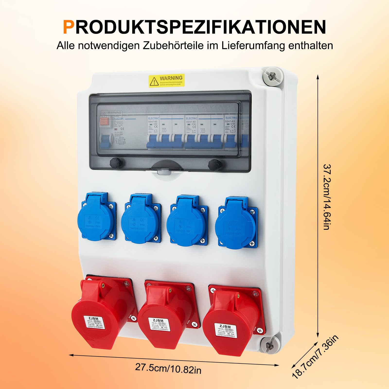 Distribuidor de corriente para construcción 32 A IP44 con protección FI/RCD y LS, 4 x Schuko, 2 x CEE 16 A + 1 x CEE 32 A, distribuidor de corriente industrial para exteriores y obras | carcasa