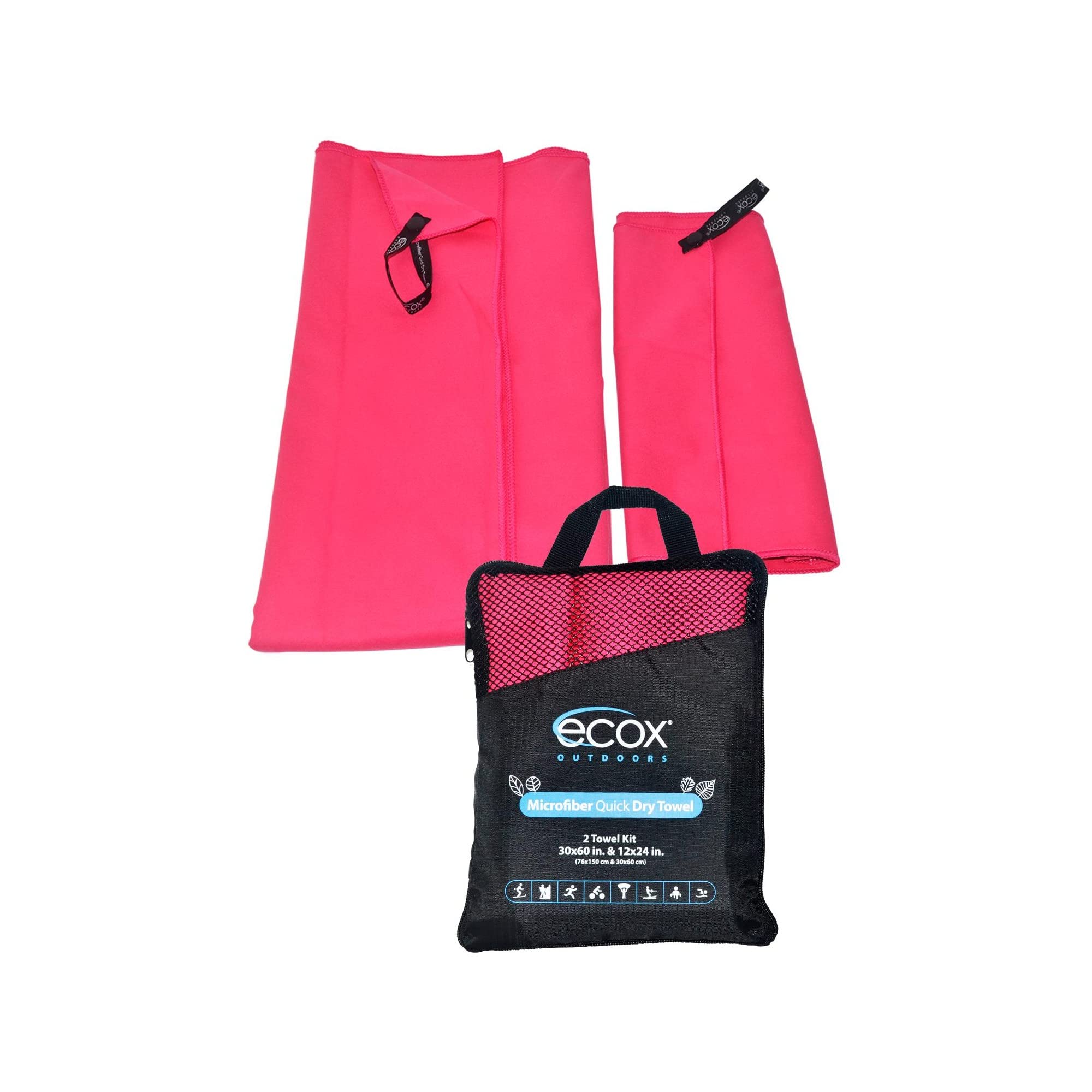 ecox Outdoors Microfiber Towel Fast Drying Soft Feel Fast Action Drying for Gym Beach Outdoors Travel Yoga Camping Compact Size 2 Piece Set 30x60 in and 12x24 in Red MFT2PRD