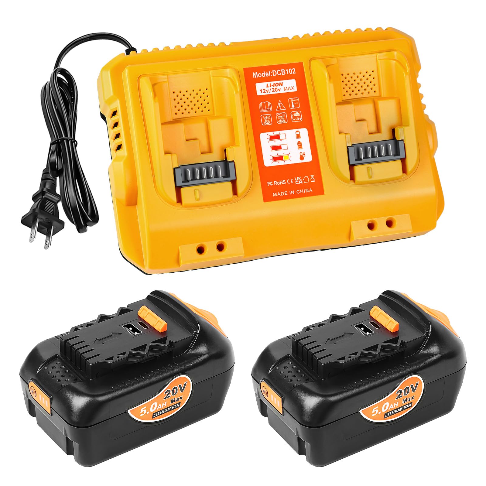 COOMYXIN 20V 5.0Ah Battry Replacement for Dewalt 20V Max Battery with 2 USB Ports DCB102 Battery Charger