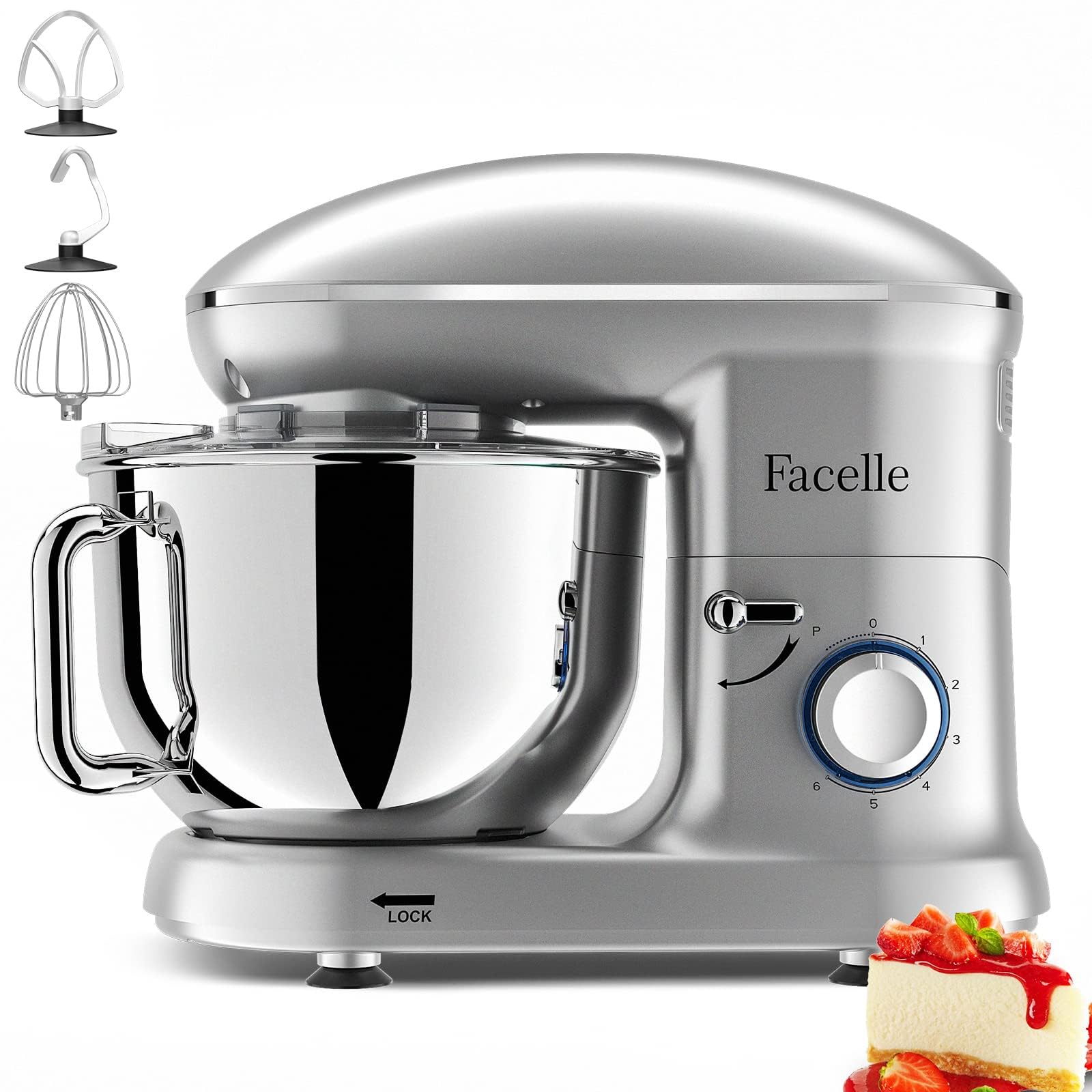 Facelle Planetaria Keukenmachine, 1500 W, mixer, keuken, 6 l, geluidsarm, multifunctioneel, professionele kneedmachine met haken, kneedmachine, 6 snelheden, vaatwasmachinebestendig
