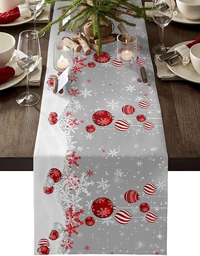 Camino de mesa de bolas de Navidad rojas 72 pulgadas de largo, copo de nieve de invierno, mezcla de algodón y lino, bufandas de vestir de granja