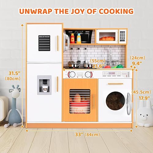 Miniatura 2 de MAMIZO Cocina de juguete para niños, cocina de juguete de chef de madera con lavadora, dispensador de agua, estufa, sonido y luz reales, teléfono,