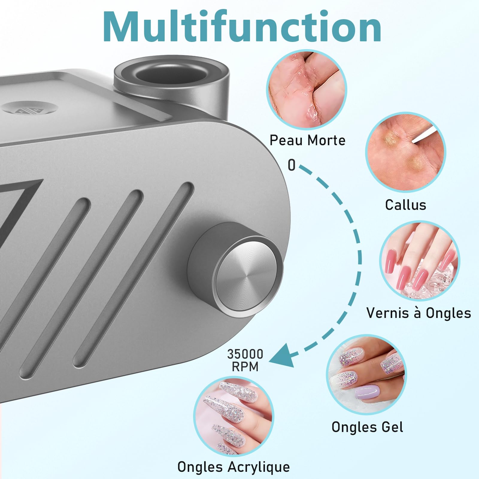 Ponceuse pour Ongles Électrique Professionnelle 35000 RPM - Multifonction Silencieuse avec Affichage LED, Bouton Pause & 6 Embouts - Machine Manucure/Pédicure pour Salon/Maison (Gris Élégant)
