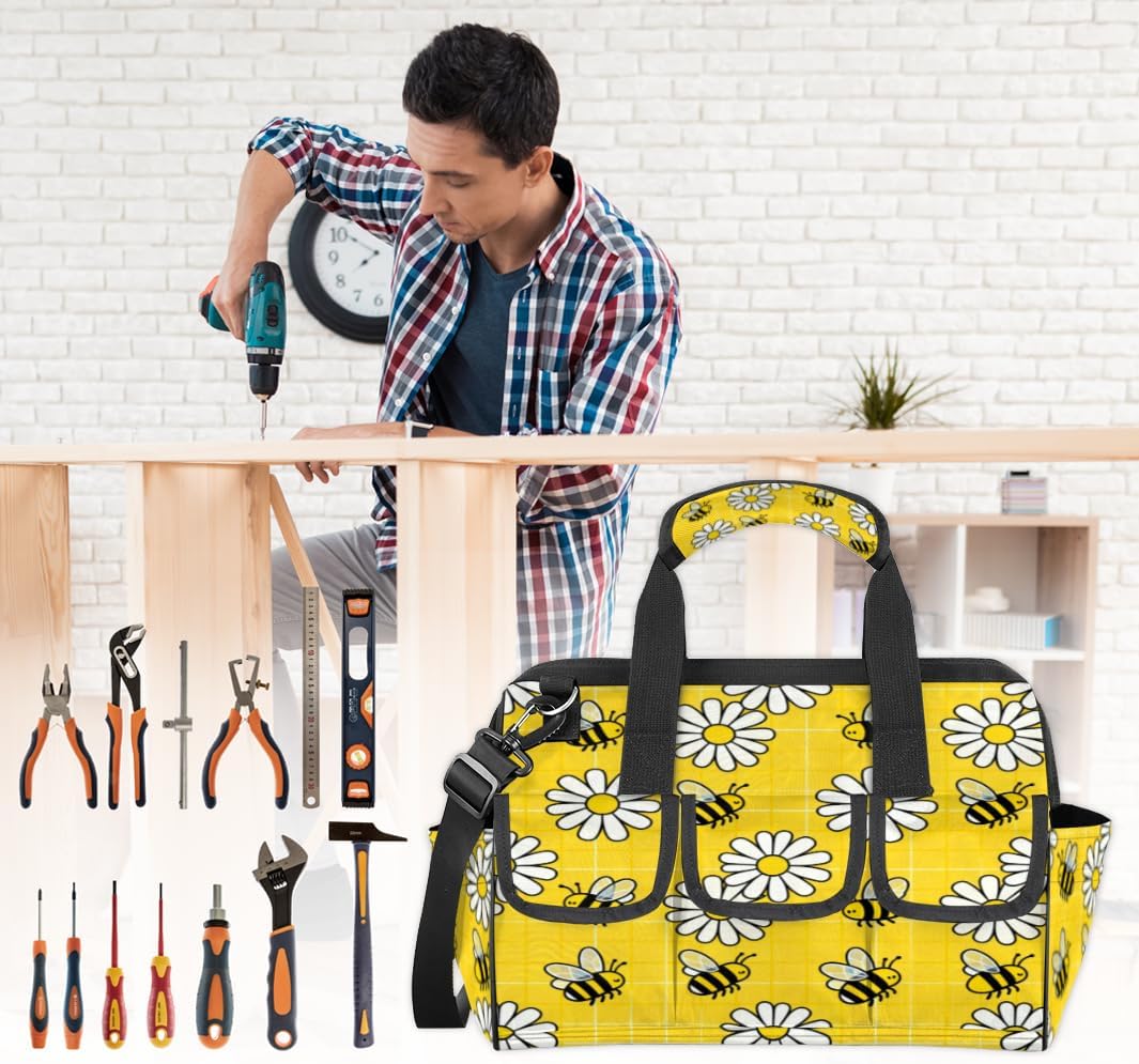 White Daisy Little Bee Tool Bag – Heavy-Duty Multi-Pocket 14+ Pockets (6 Inner + 6 Outer + 2 Side), Removable Shoulder Strap, for Construction,Camping, Travel – 14.8 x 9.1 x 10 Inches