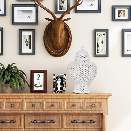 Miniatura 9 de ARTLINE Tarro tradicional de jengibre perforado con tapa, tarro decorativo de celosía tallada, jarrones de cerámica recortados para decoración del