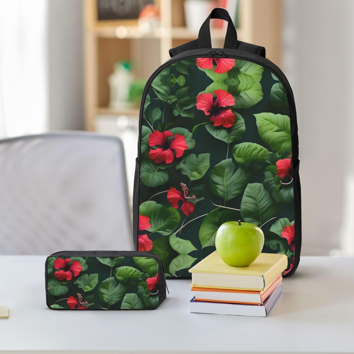 Vegetation Leaves with Hibiscus Flowers print 3 Piece Backpack Bags with Lunch Box Pencil Case Set for Travel Work Camping Unisex