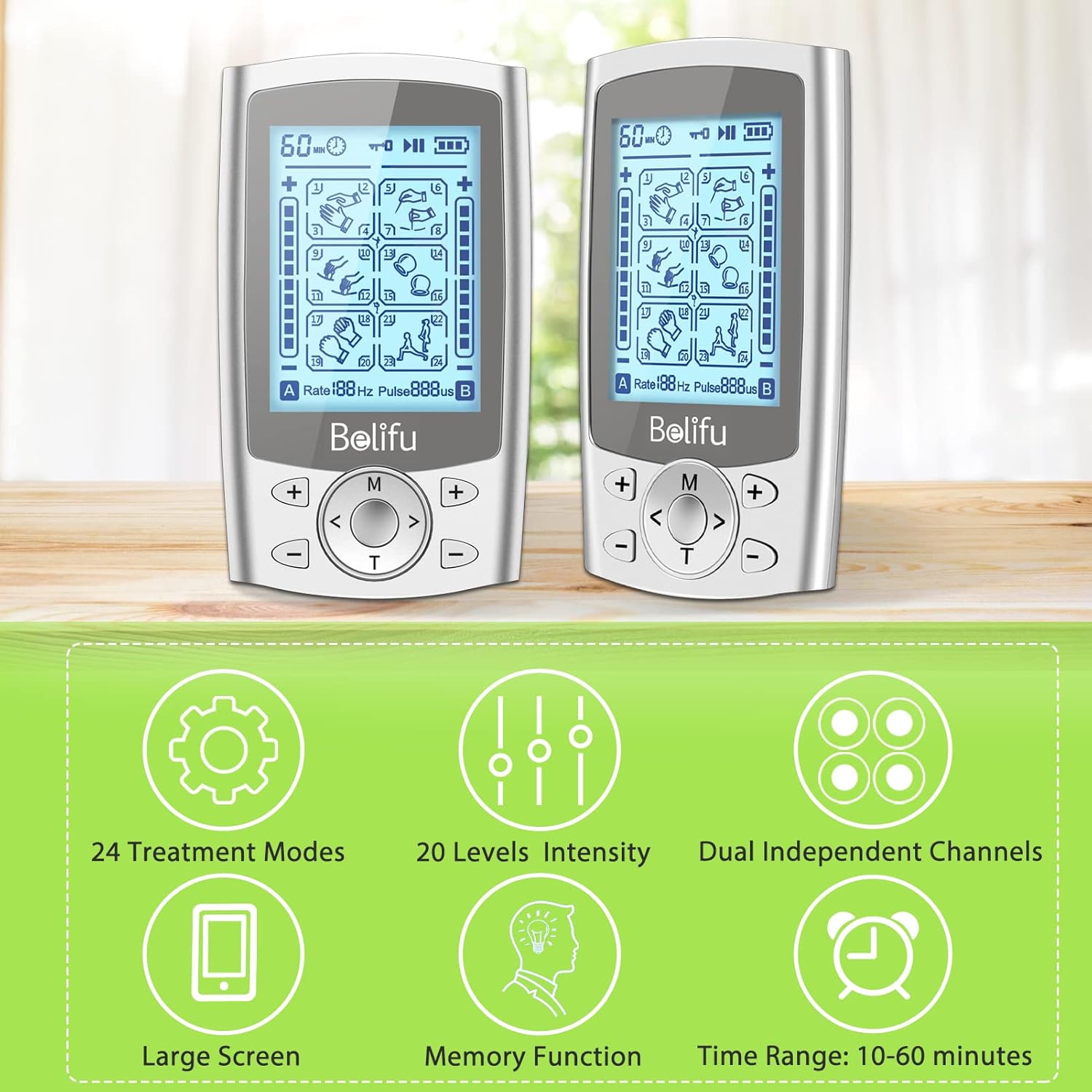 Belifu TENS EMS Unit highlighting 24 treatment modes, 20 intensity levels, dual independent channels, large screen, memory function, and time range
