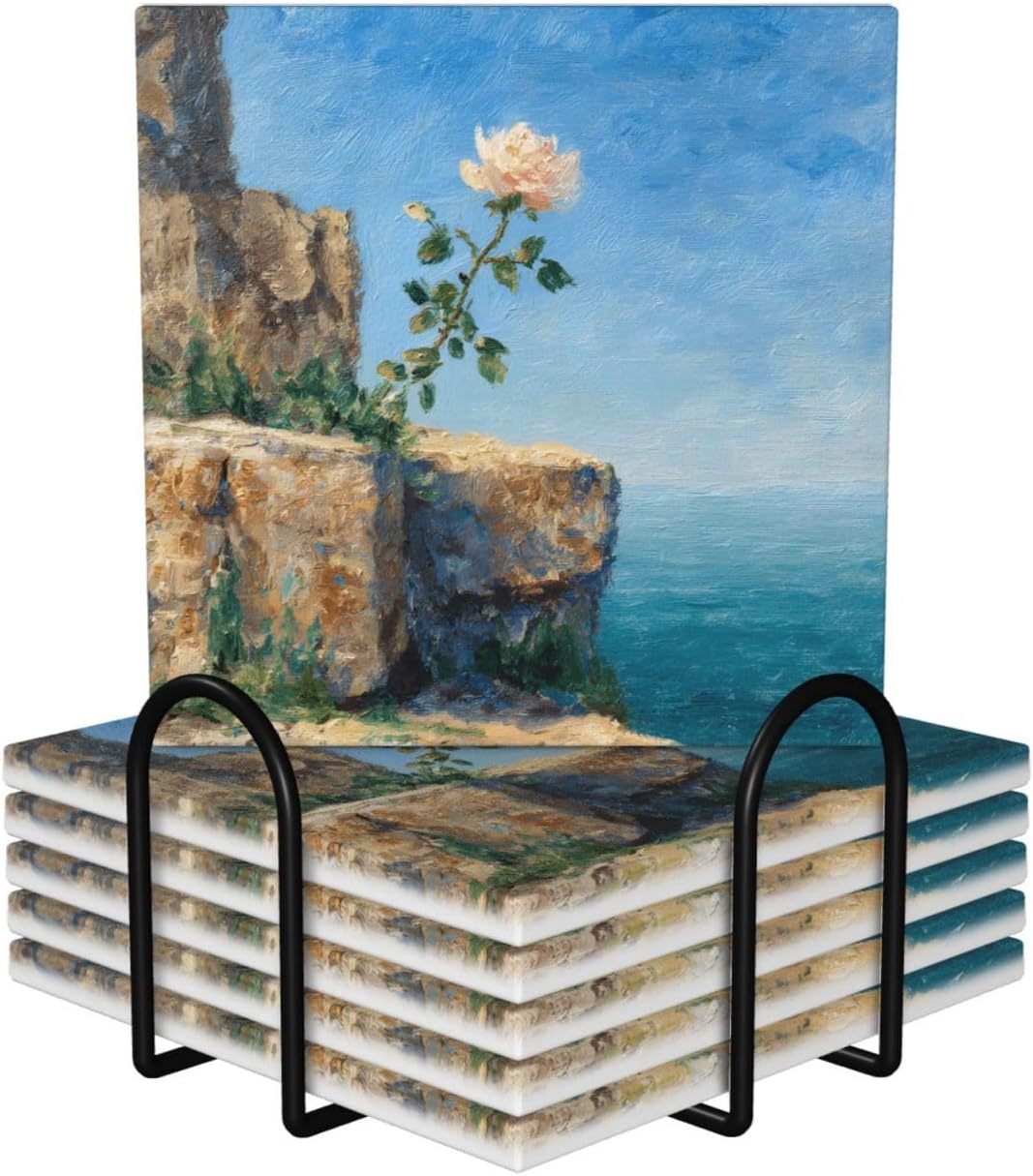 (Rose) Ceramic Coasters Set of 6 with Holder Non-Slip Square Coffee Coasters for for Cup Mug Drink Patio Coffee Table Decor, Christmas Coasters Home Bar Supplies