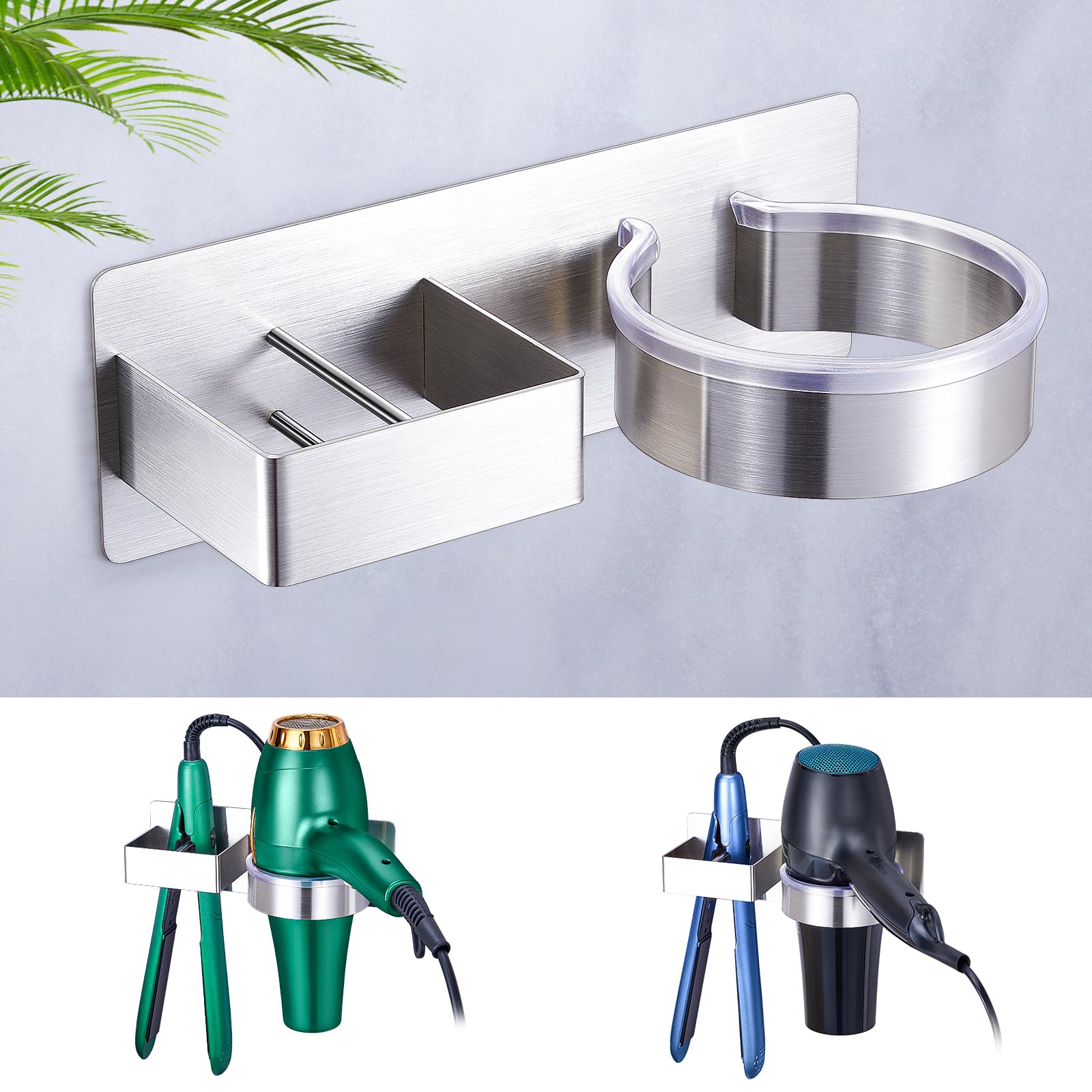 Appendi Phon Bagno, Porta Piastra per Capelli, Porta phon da Muro Senza Foratura, Supporto per asciugacapelli e Piastra lisciante Autoadesivo, Supporto da Parete (Argento)
