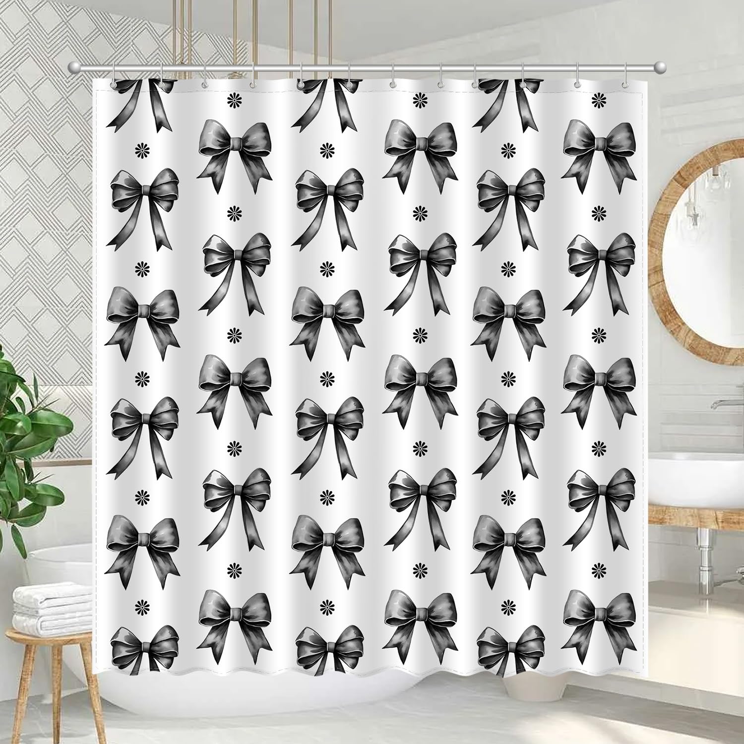 Black Bow Shower Curtain Set, Cute Modern Girl Bathroom Aesthetic Polyester Cloth Fabric Bath Curtain Decor with Hooks 72x72 Inches