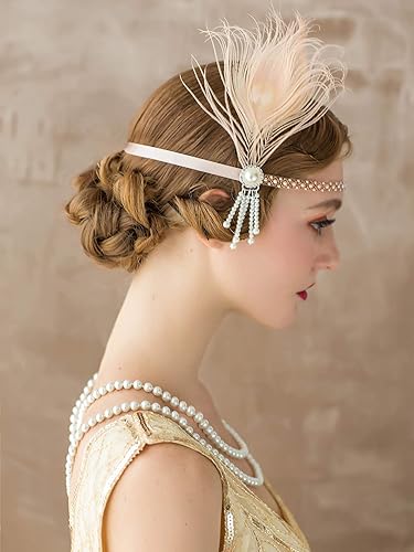 Miniatura 4 de SWEETV Diadema para mujer, diseño de pavo real con plumas inspiradas en Gatsby de 1920s , talla única