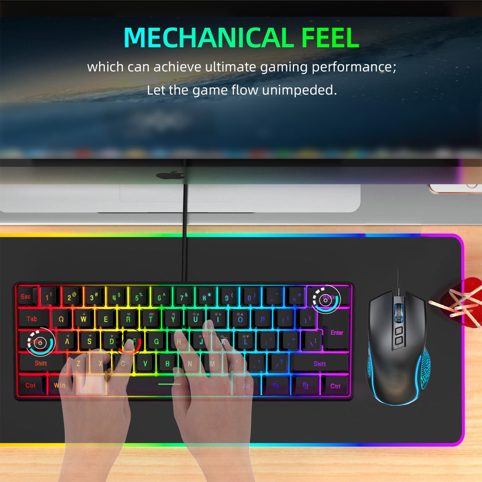 Set Tastiera e Mouse da Gioco Cablati, Retroilluminazione RGB, Tastiera Meccanica a 61 Tasti con Tappetino per Mouse, Accessori da Gioco per PC (Black)