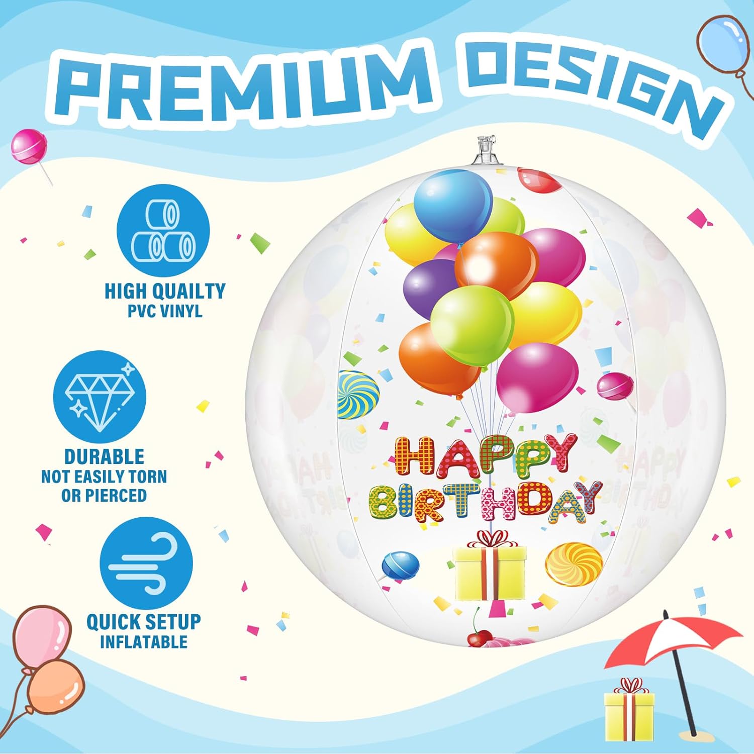 Silipull 4 Pcs 20 Inch Birthday Beach Ball Clear Inflatable Pool Balls Bulk Large Pool Birthday Party Decorations for Swimming Outdoor Water Games Adults Gift Favor