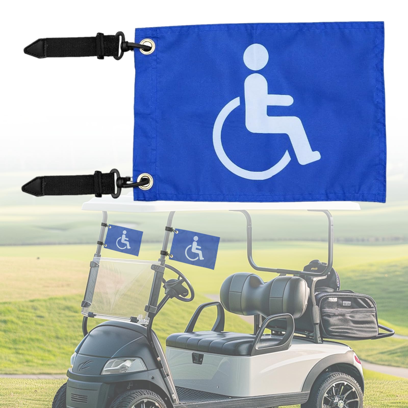 Disable Handicap Flag for Golf Cart, Boat & Bike - Blue Safety Golf Flag with Elastic Strap Bracket, 9" x 6", High Visibility Mobility Flag (1)