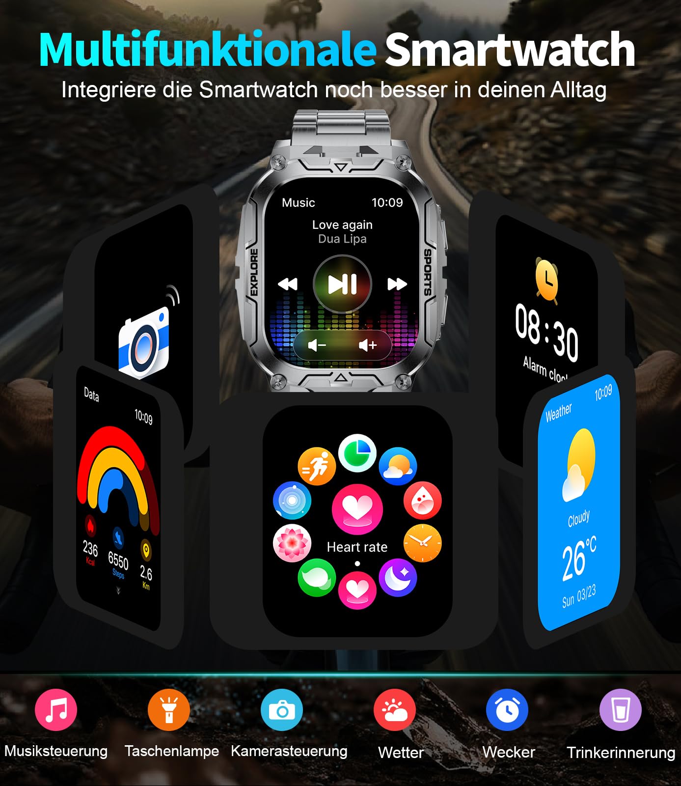 Smartwatch Herren Militär-1000mAh/2.01'' HD Große Display/LED-Licht,2 Armbändern/Fitnessuhrmit Taschenlampe/120+ Sportmodi,Fitnessuhr mit Herzfrequenz/Schlafmonitor,für Android iOS, Schwarz