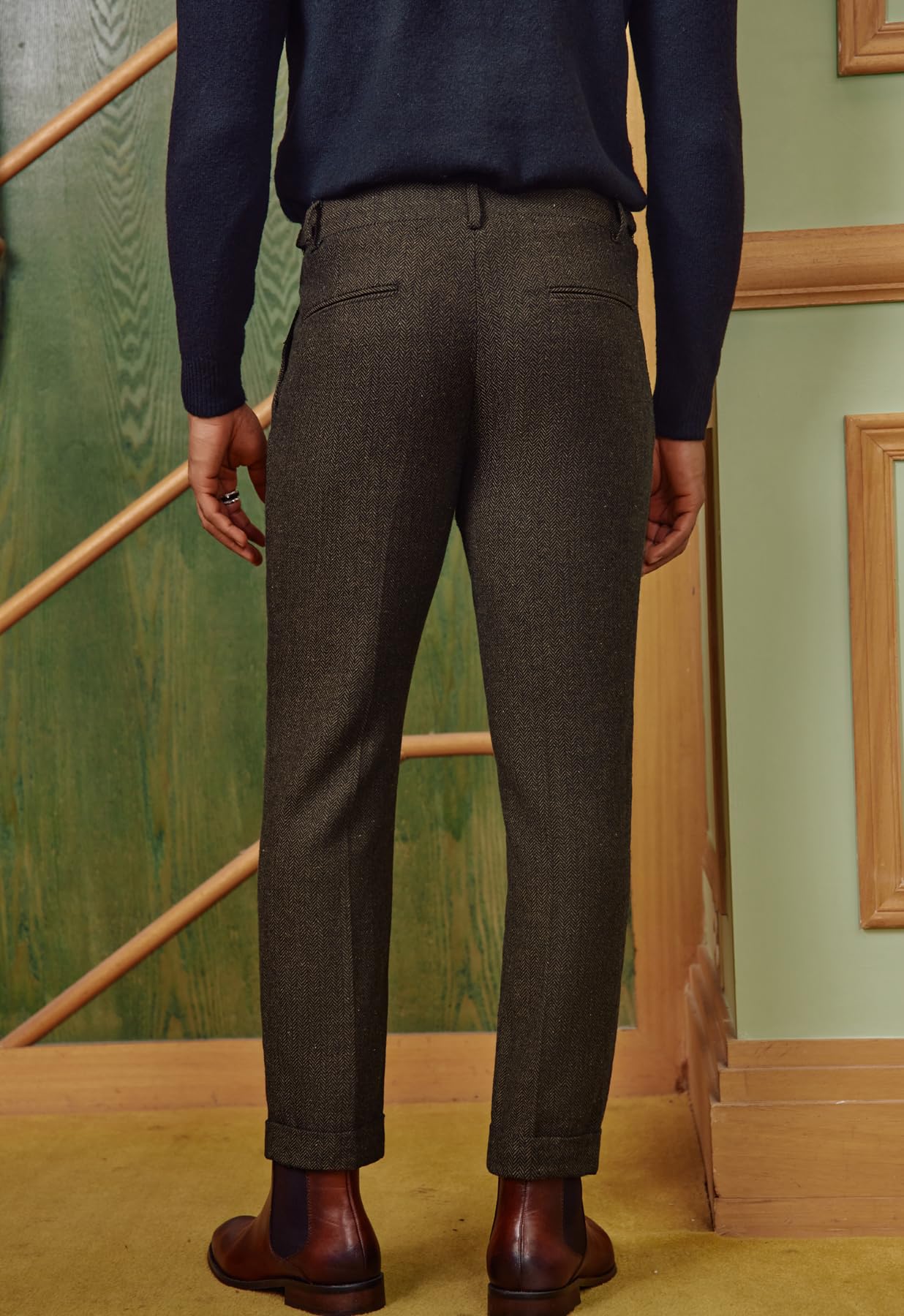 PJ Paul Jones Pantaloni Vintage da Uomo in Tweed a Spina di Pesce Pantaloni a Pieghe, Marrone, L