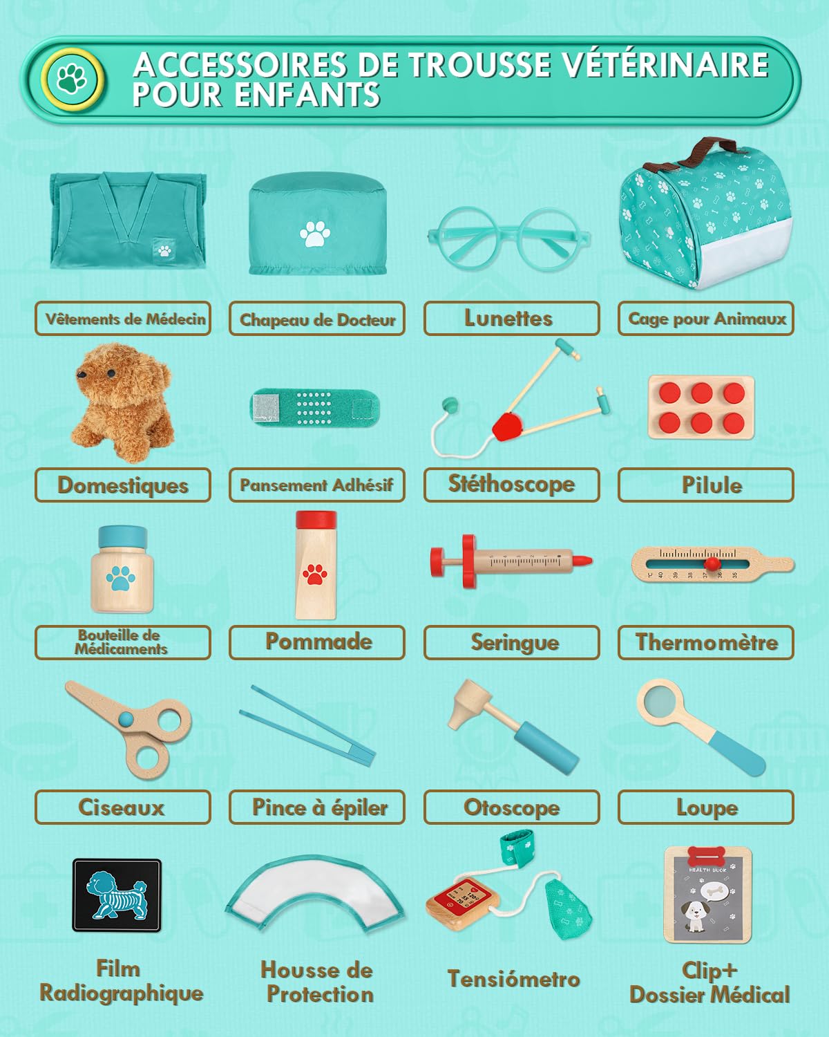 Malette Docteur Enfant, Vétérinaire Enfant en Bois, Malette Docteur avec Chien la Peluche, Jouet Fille 3 Ans(Vert)