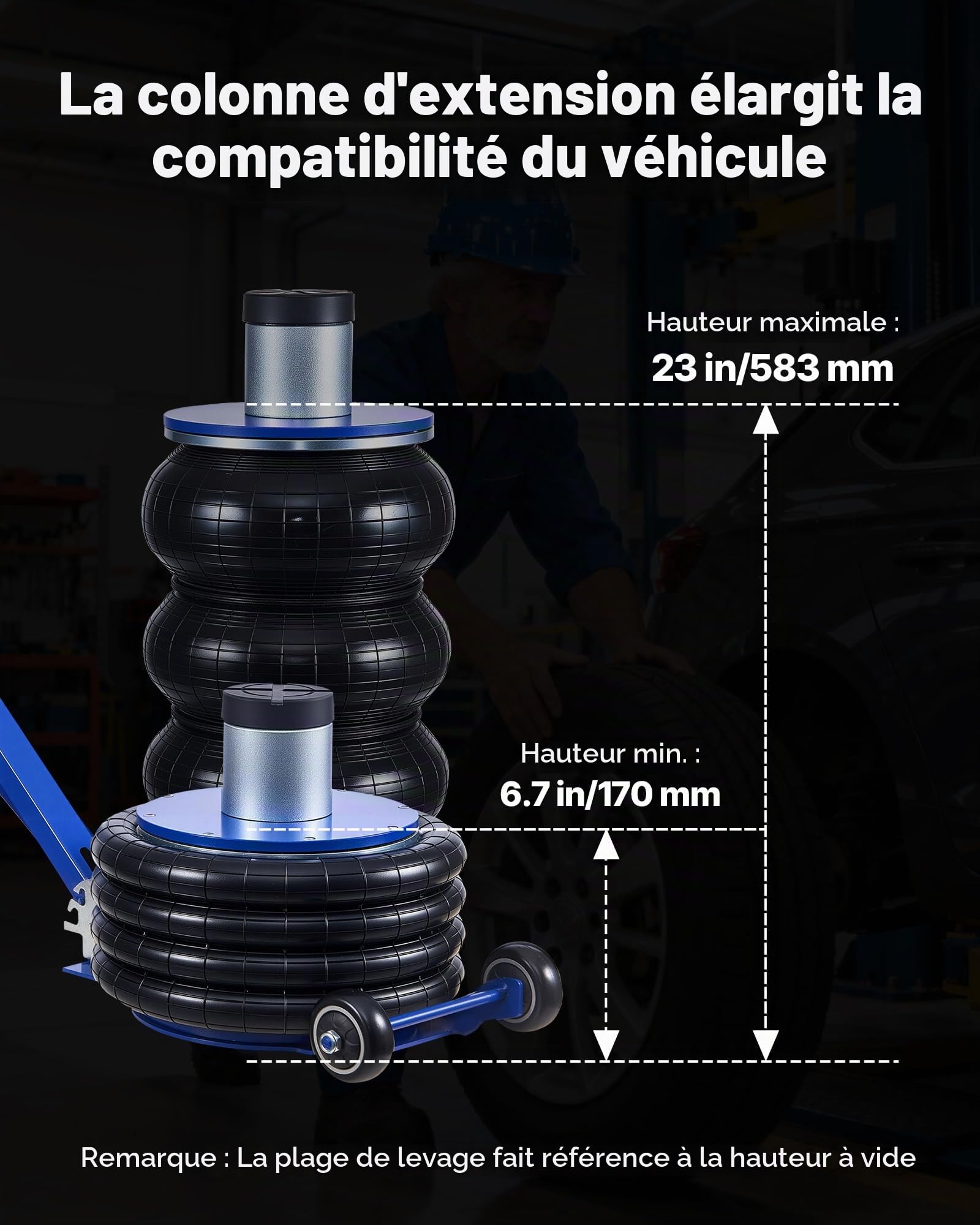 VEVOR Cric Pneumatique 6 T, Cric de Levage Pneumatique Capacité jusqu'à 673 mm avec Colonne de Rehausse, 4 Coussins d'air, Levage Rapide, Poignée Réglable, pour Réparation Voiture SUV Atelier Garage