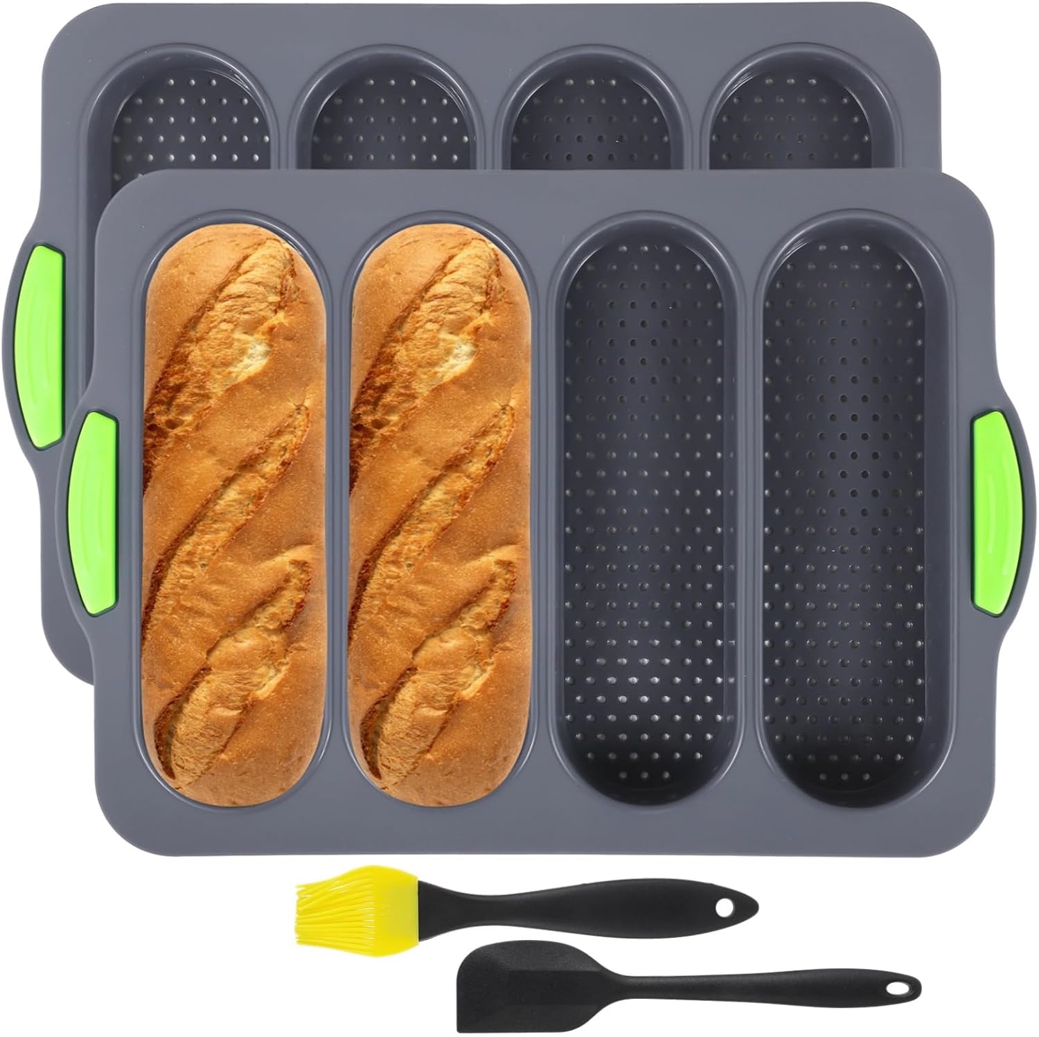 2 Pcs Silicone Bread Molds, Dishwasher Safe, 13.2 X 9.3 Inches, 4 Slots, Non-Slip Green Handles, High-Temperature Resistant, Loaf Pan Baking Tool, Perfect for Fridge and Oven