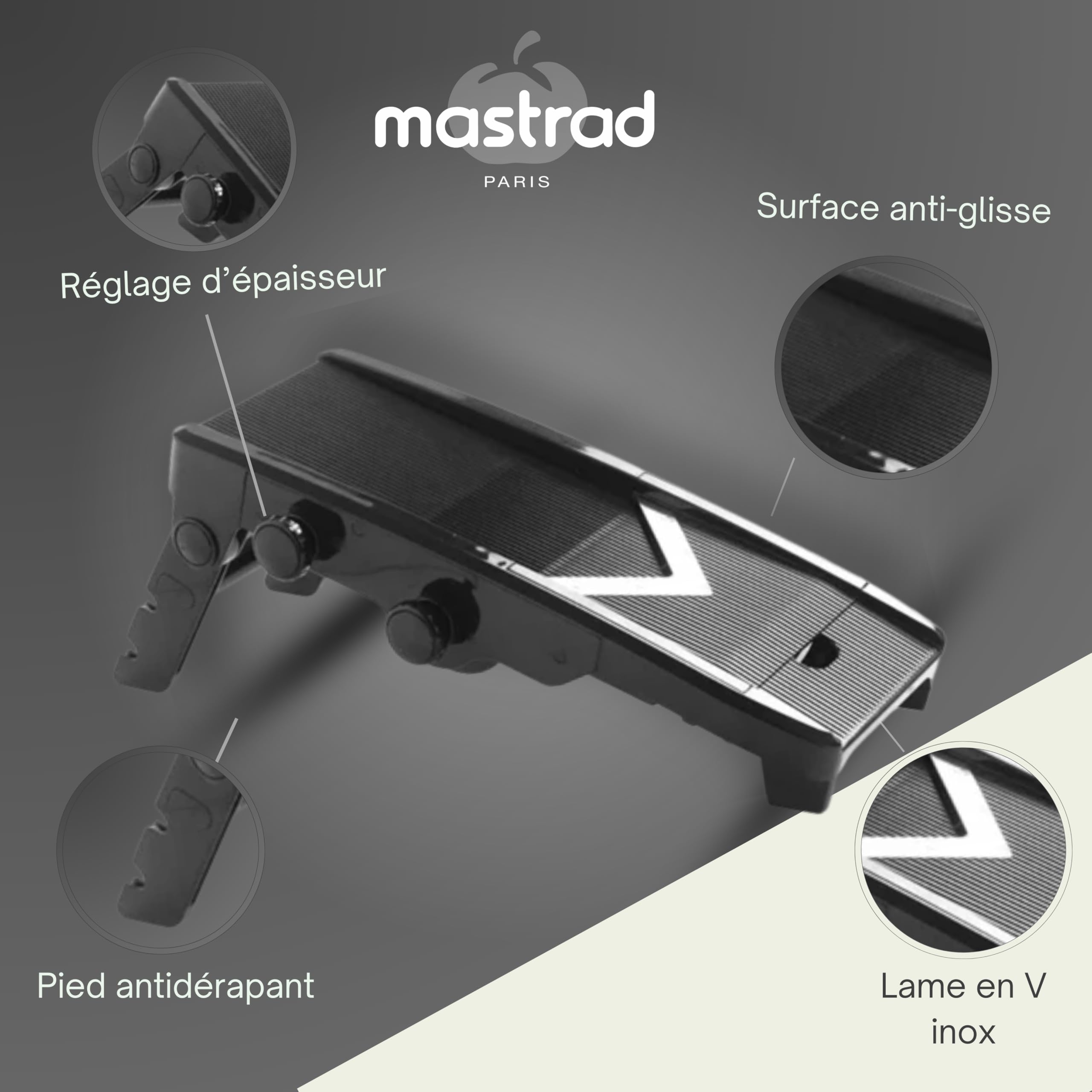 Mastrad - Mandoline Multi-Lames en V – Coupe-Légumes 6 Lames Inox – Épaisseur Réglable 1 à 9 mm – Trancheur, Râpe, Coupe Frites – Garde de Sécurité