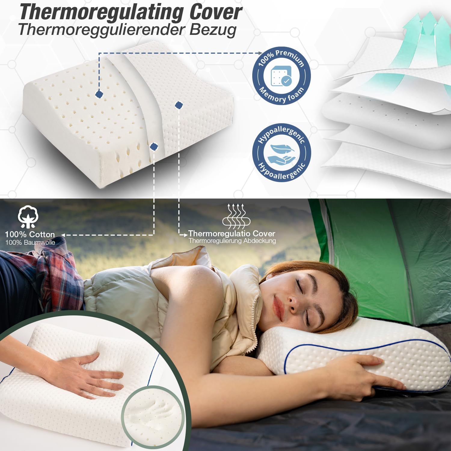 Reisekissen-Campingkissen-ergonomisches Memory-Schaum-Kissen mit temperaturregulierendem Bezug-Oeko-TEX Made IN Green