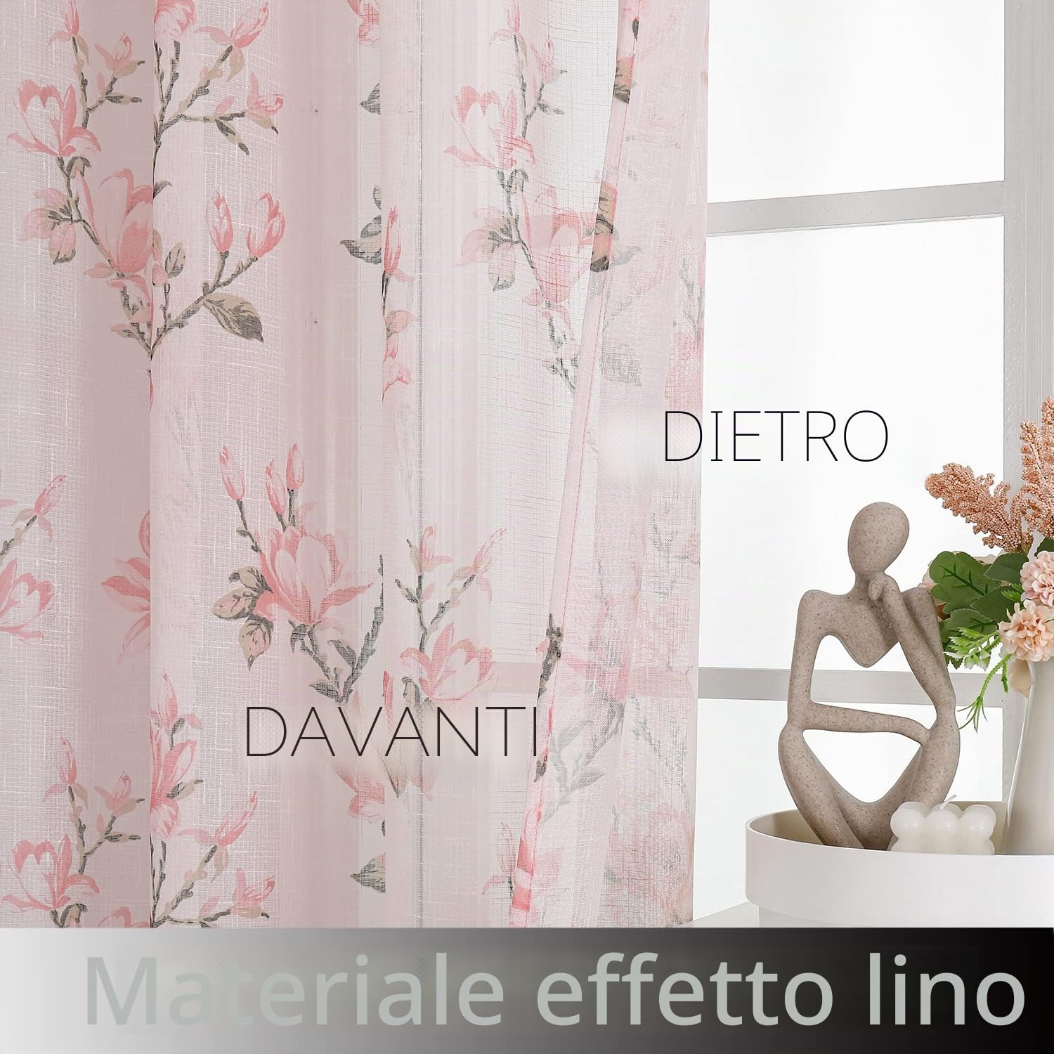 SMILE WEAVER Tende velate rosa cipria, lunghezza 160 cm, per soggiorno, con motivo floreale, in voile di lino testurizzato, con tasca per asta, per camera da letto/cucina, 2 pannelli