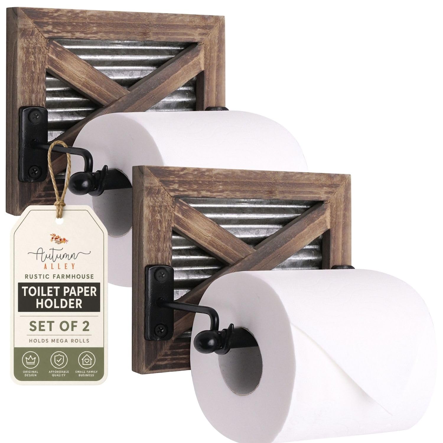 Autumn Alley Farmhouse Toilet Paper Holder with Bracket - Farmhouse Bathroom Rustic Country Decor - Rustic Bathroom Accessories Featuring Warm Brown Wood, Galvanized Metal, and Black Metal — Amazon image 11