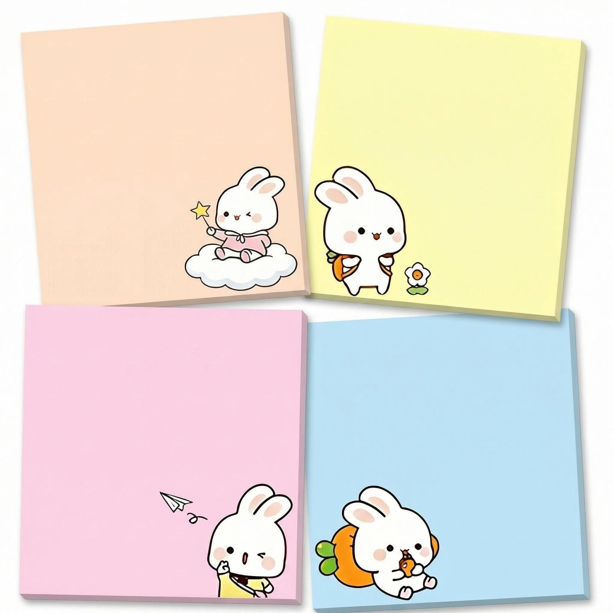(4 Pads) Cute Sticky Notes,3x3 Inch, 80 Sheets per Pad, Cute Design,Strong Adhesive Memo Pad Bulk, Suitable for Home, Office, School, Clean Removal (Lovely Bunny)